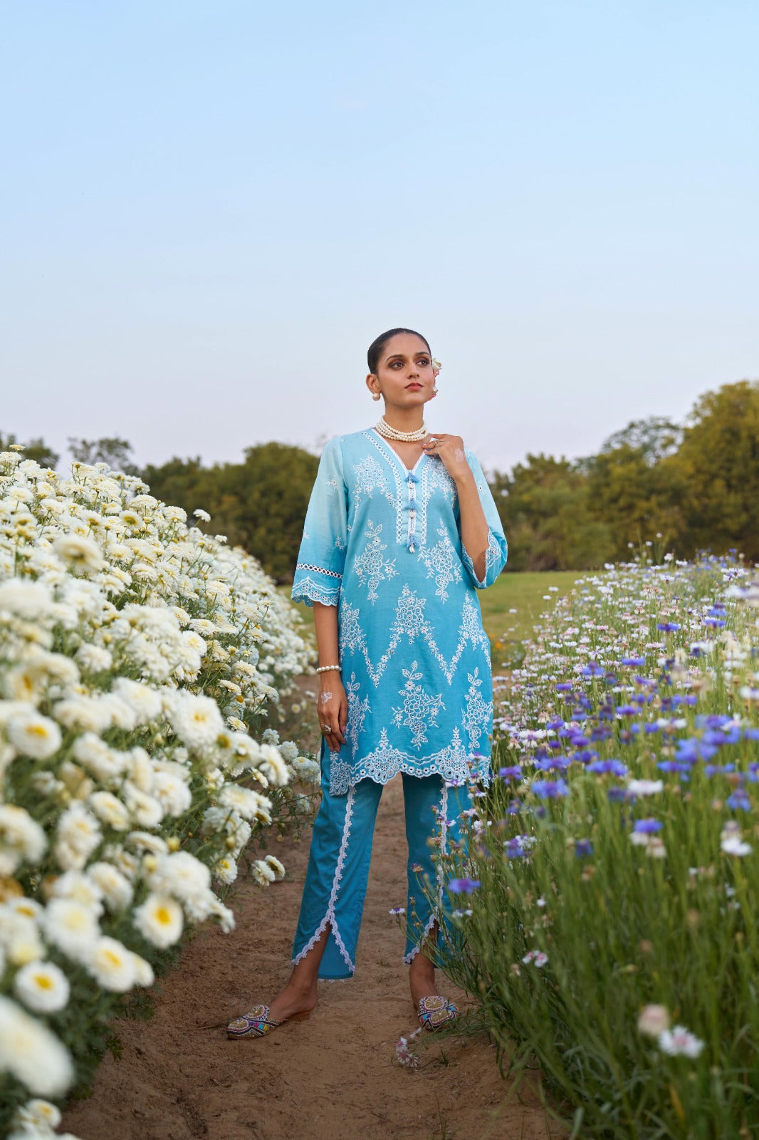Trendy Sky Blue Designer Cotton Co-ord Pant Set