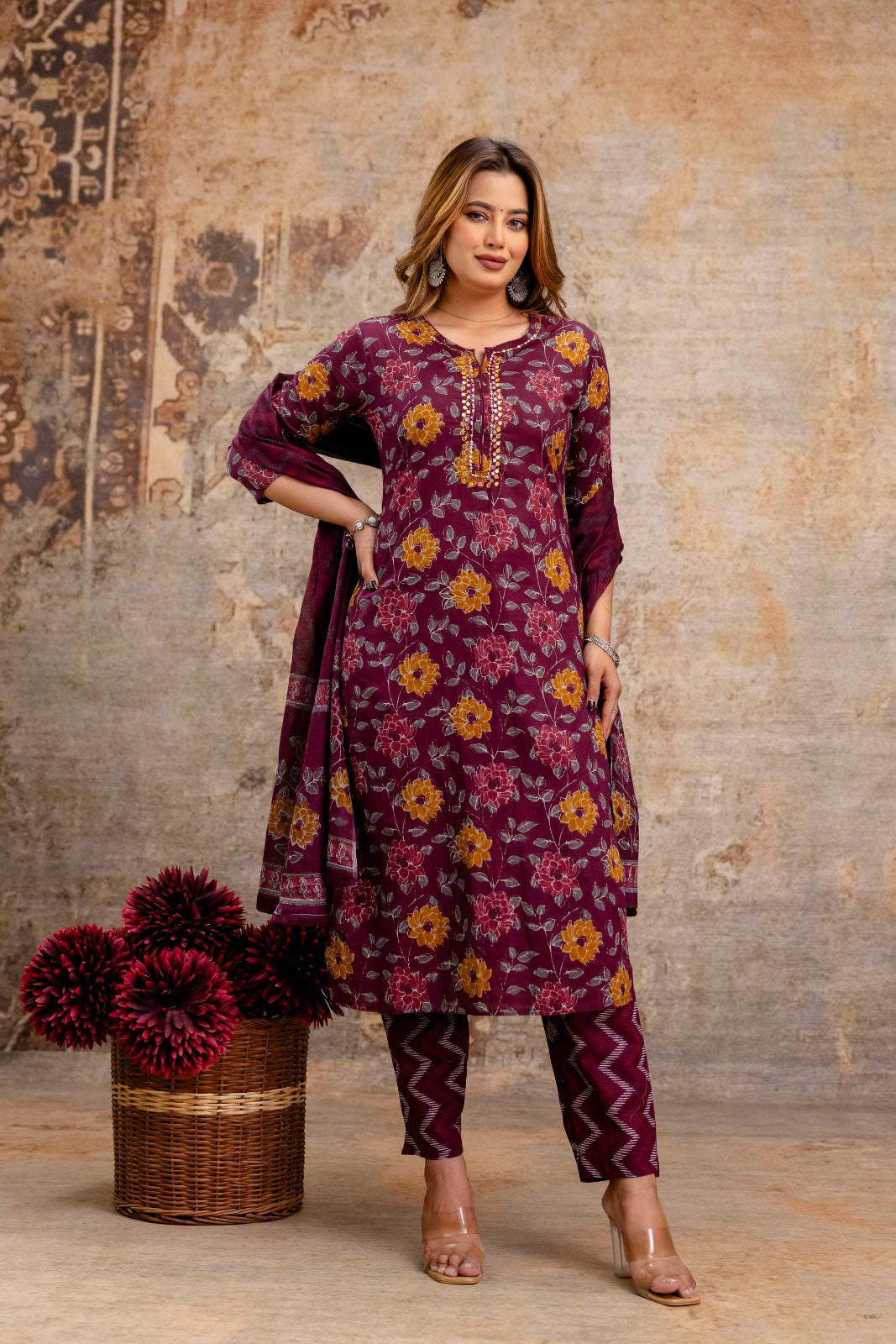 Classic Mehroon Cotton 3-Piece Pant Set with Dupatta