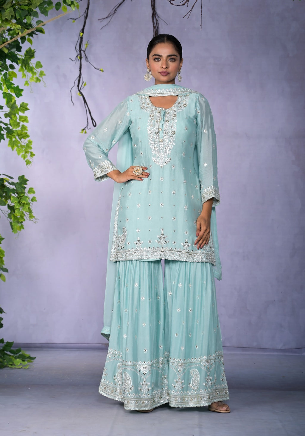 Stylish Chinon Fancy Premium Sharara Divider Set with Dupatta