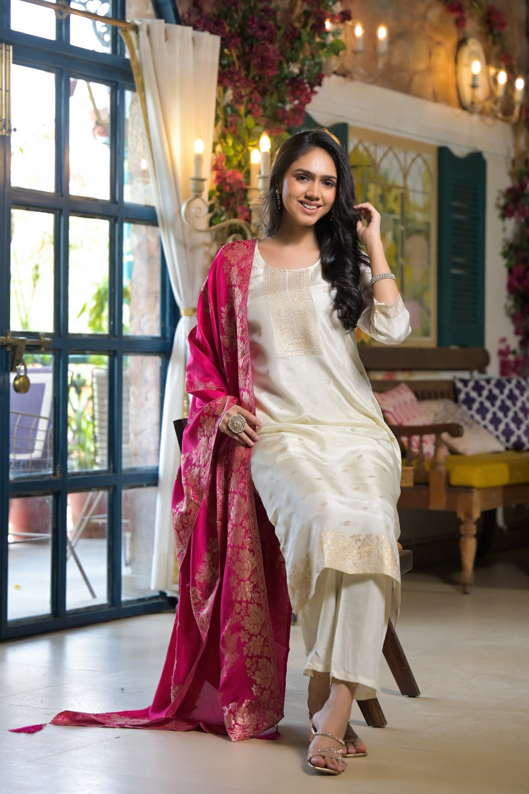 Elegant White Party Wear Dola Silk 3-Piece Suit with Dupatta