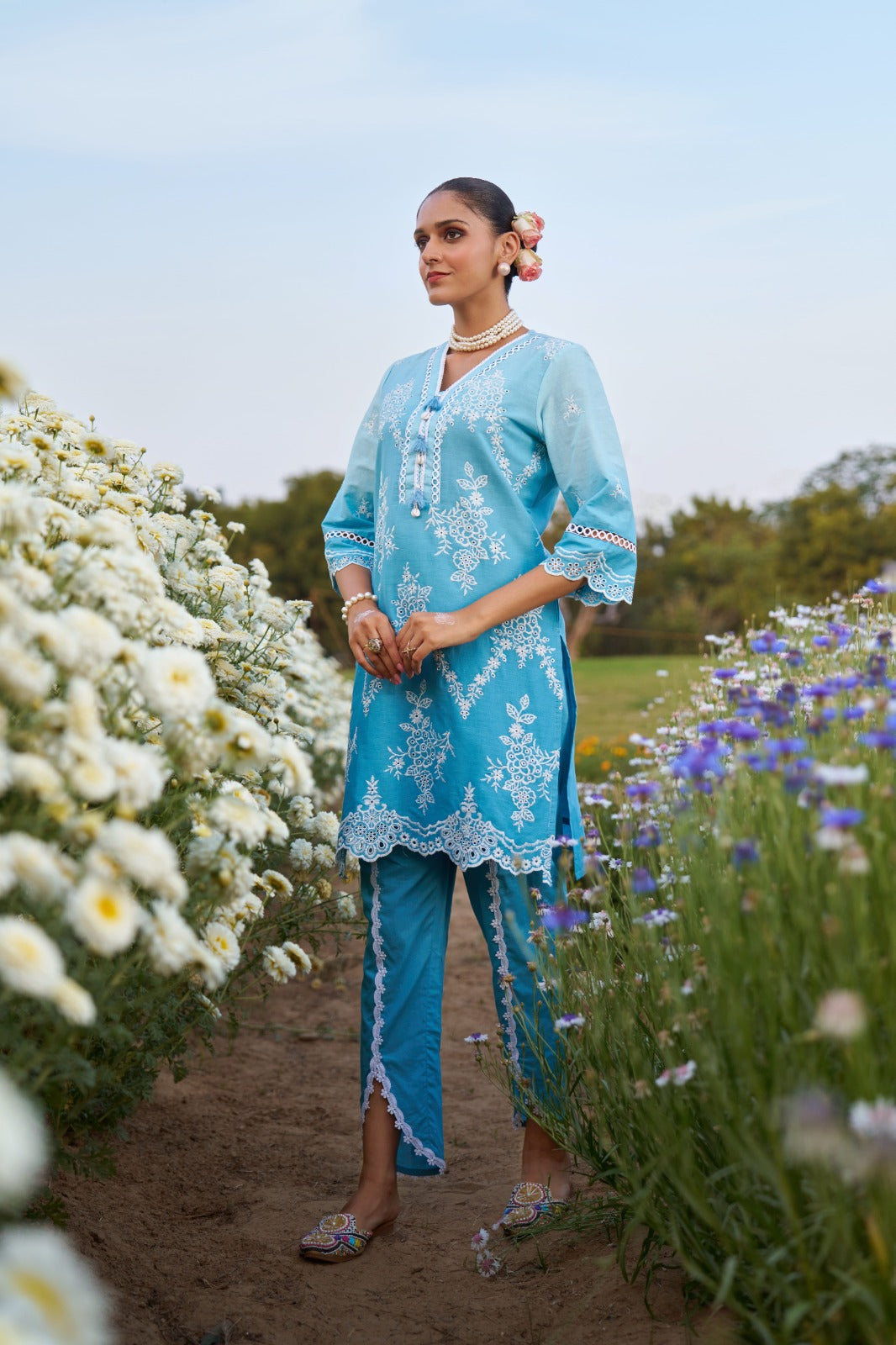 Trendy Sky Blue Designer Cotton Co-ord Pant Set