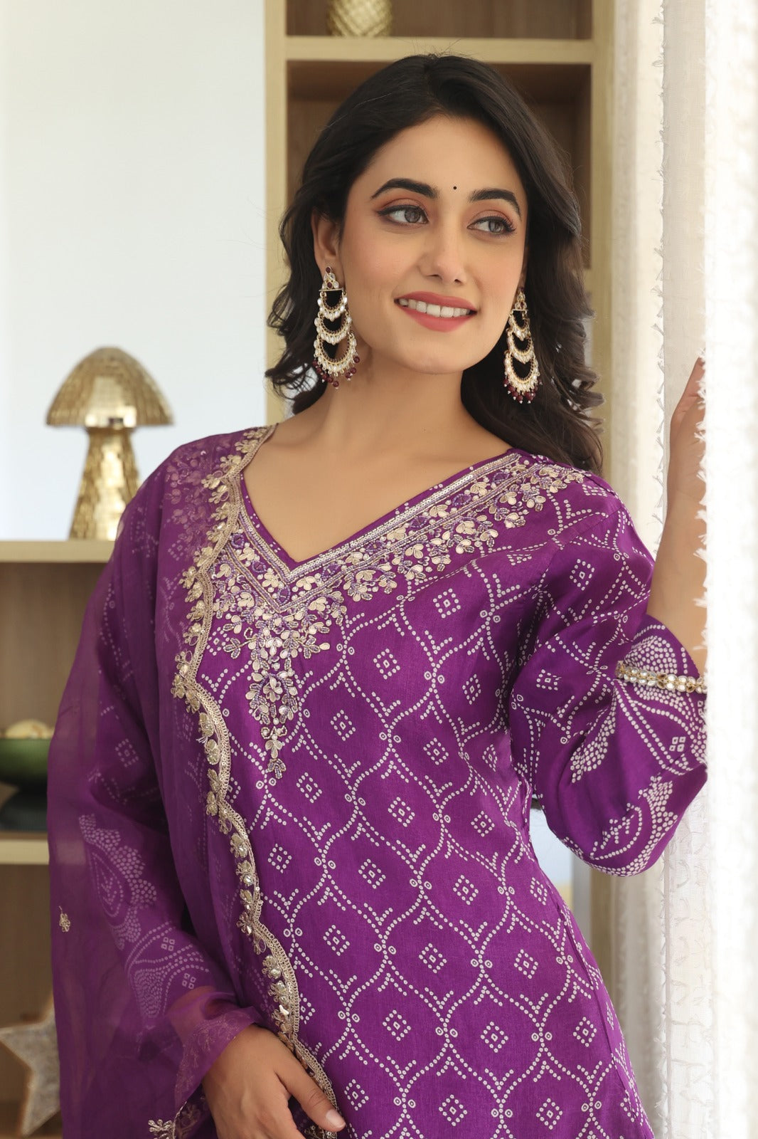 Royal Purple Party Wear 3-Piece Gaji Silk Suit Set with Dupatta