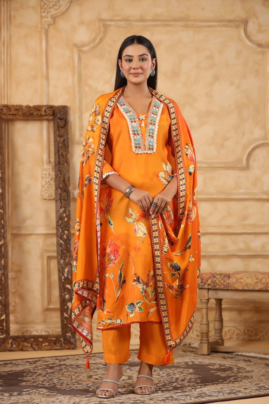 Vibrant Orange Muslin 3-Piece Pant Set with Dupatta