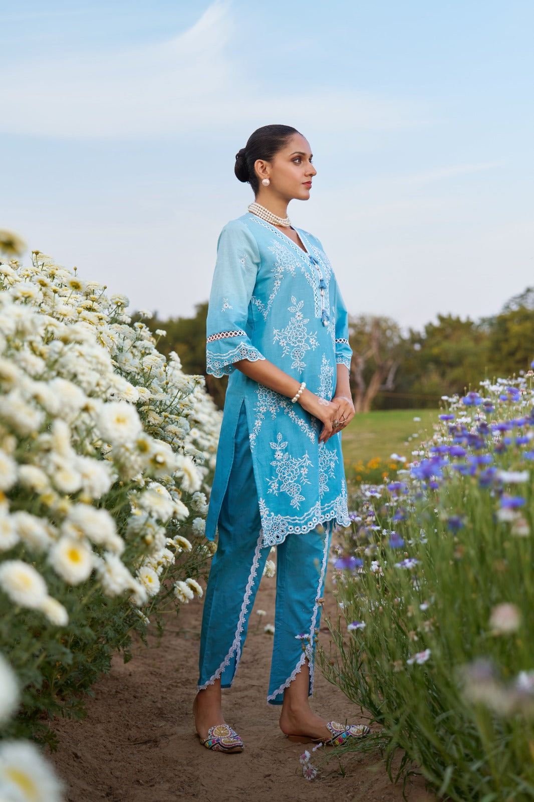 Trendy Sky Blue Designer Cotton Co-ord Pant Set