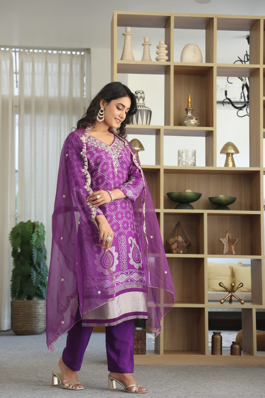 Royal Purple Party Wear 3-Piece Gaji Silk Suit Set with Dupatta