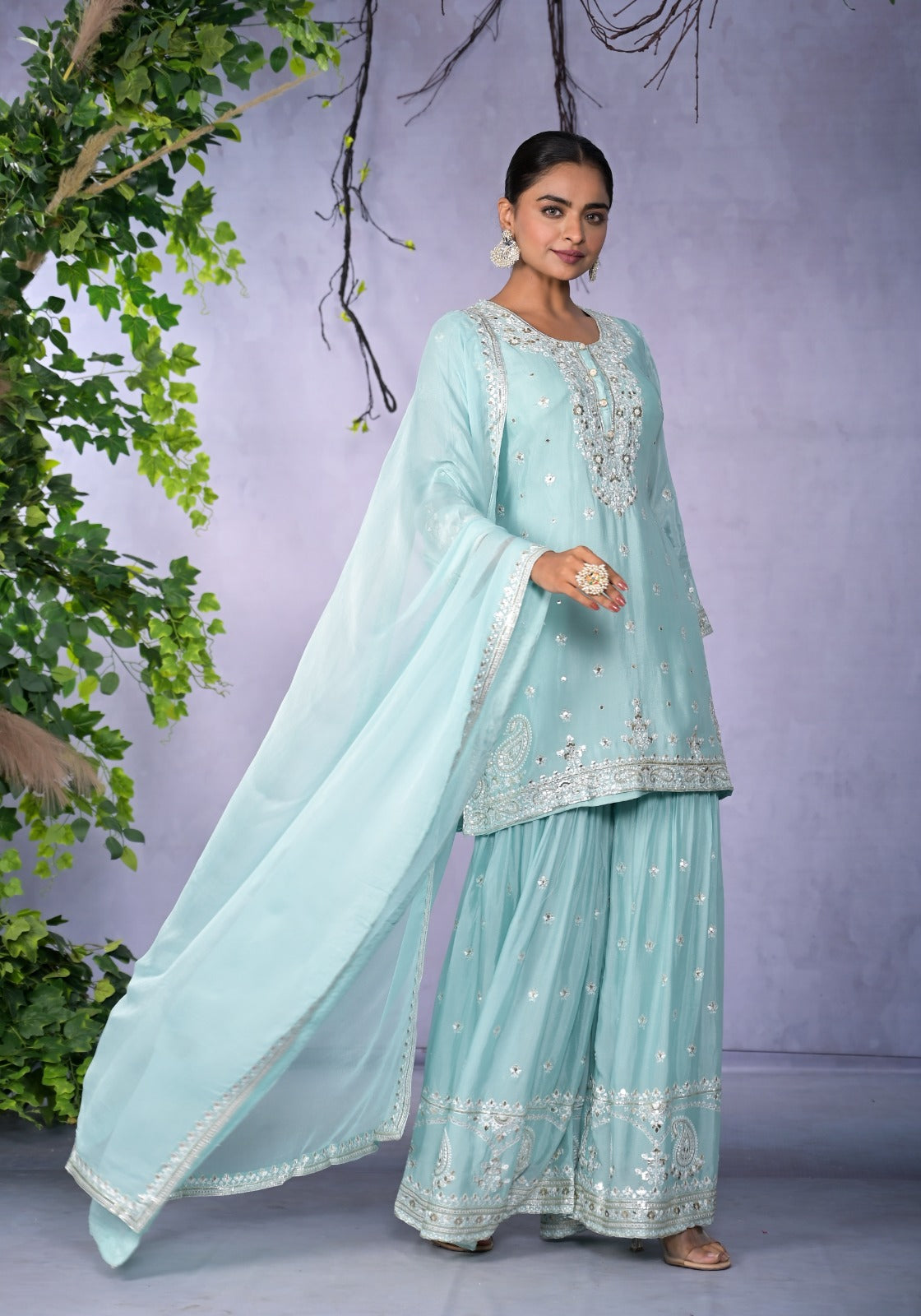 Stylish Chinon Fancy Premium Sharara Divider Set with Dupatta