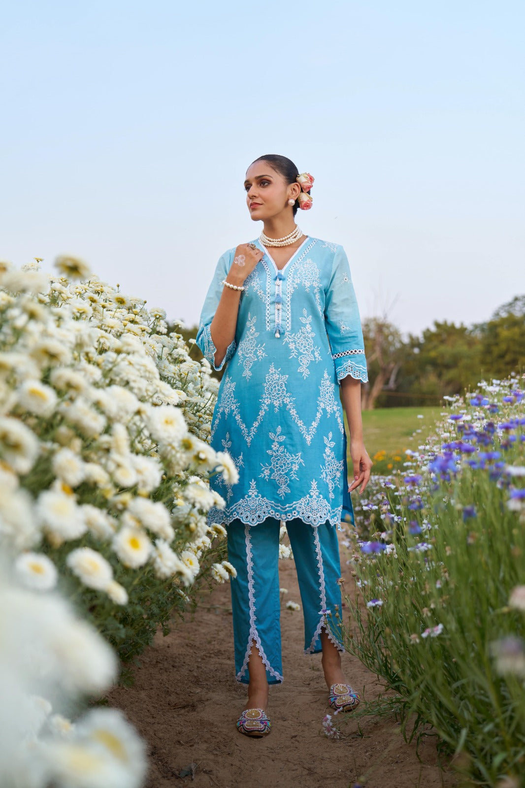 Trendy Sky Blue Designer Cotton Co-ord Pant Set