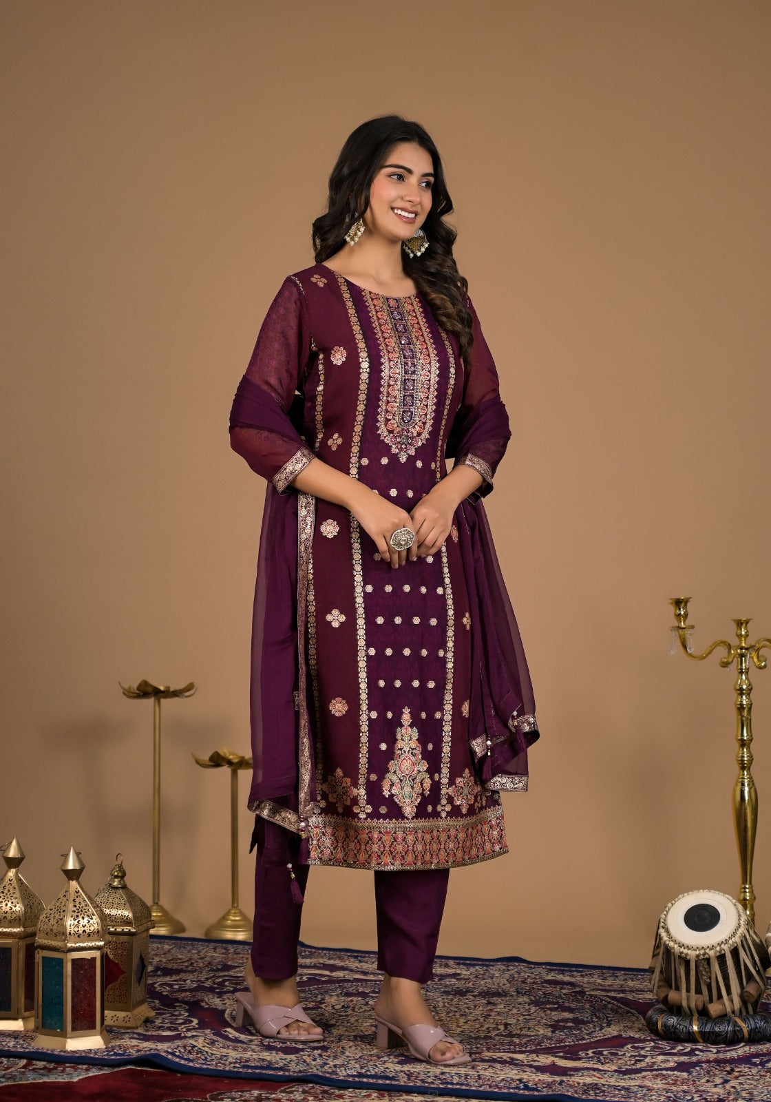 Graceful Maroon Organza Jacquard Party Wear 3-Piece Set with Dupatta