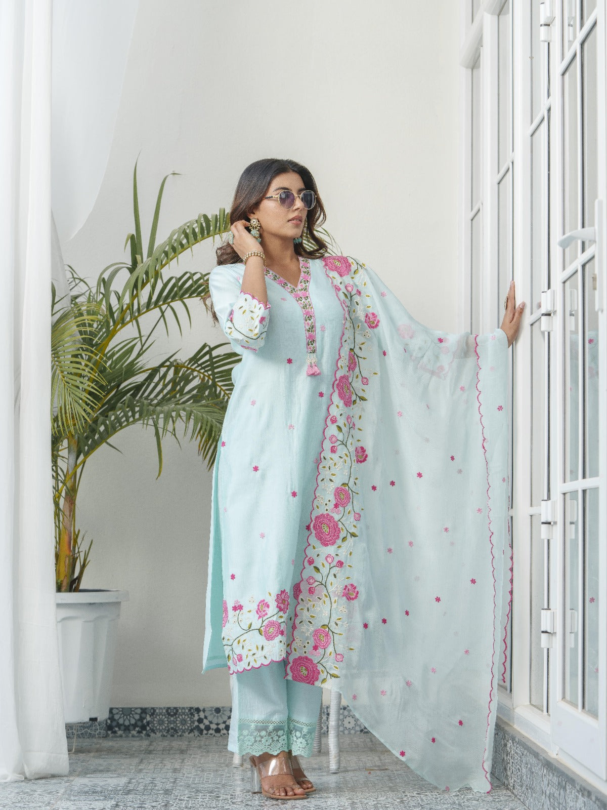 Elegant Sky Blue Party Wear Silk 3-Piece Suit