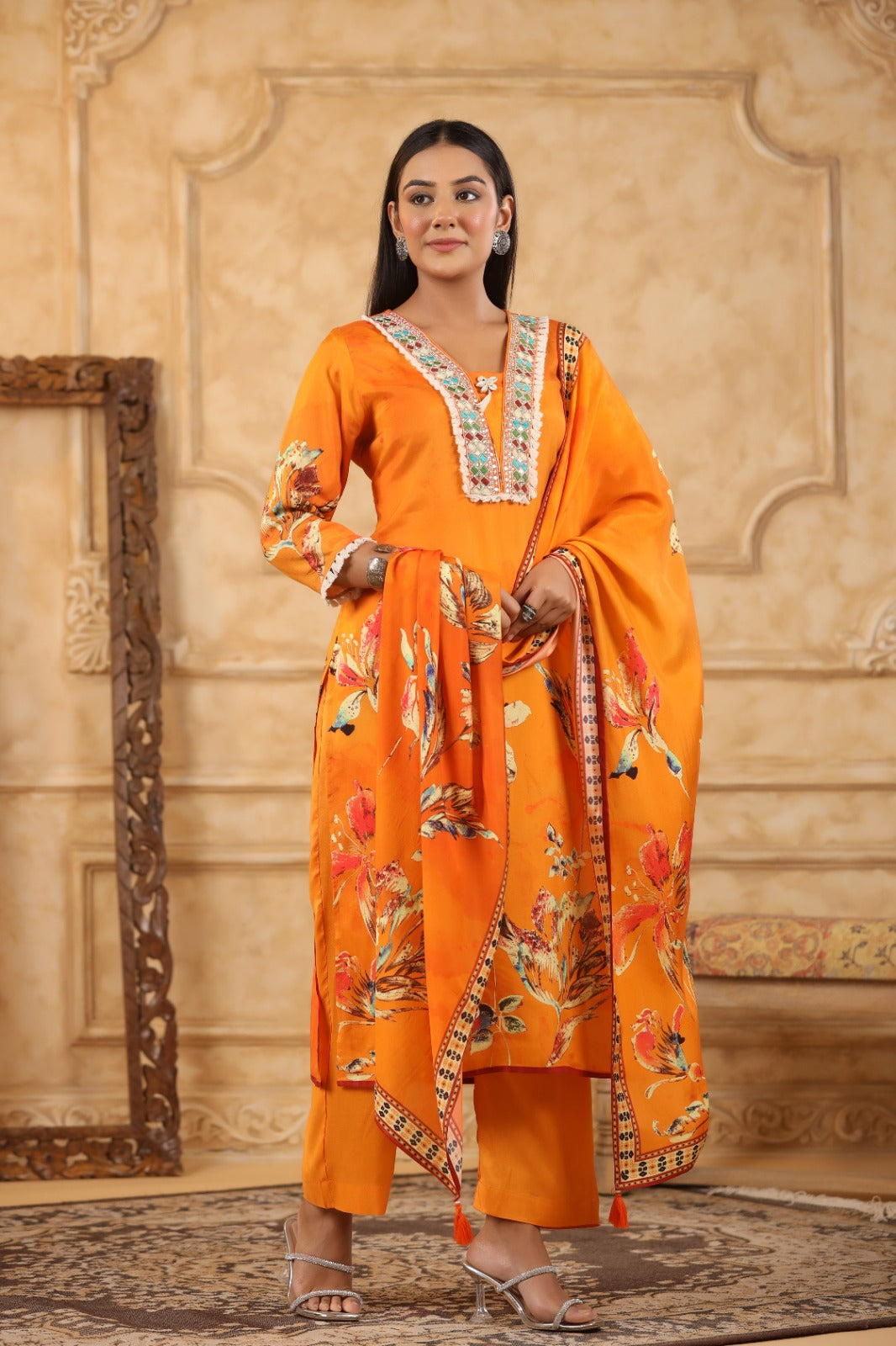 Vibrant Orange Muslin 3-Piece Pant Set with Dupatta