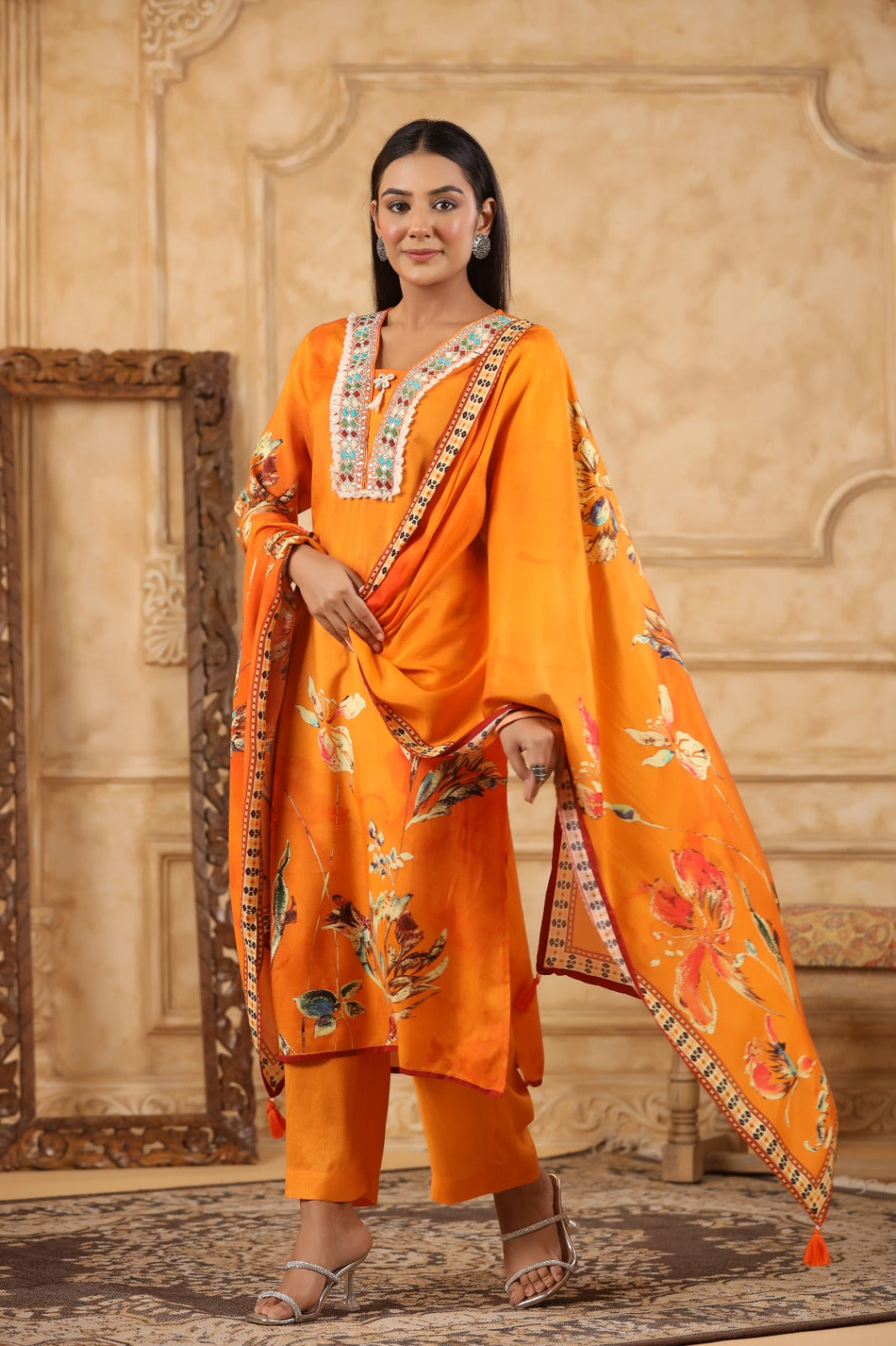Vibrant Orange Muslin 3-Piece Pant Set with Dupatta