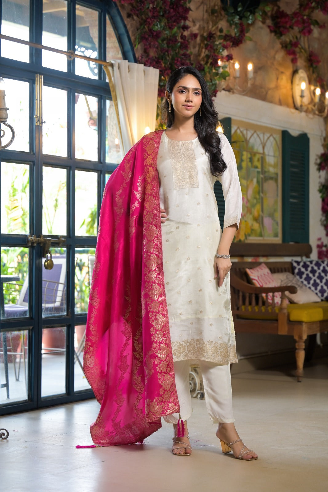 Elegant White Party Wear Dola Silk 3-Piece Suit with Dupatta