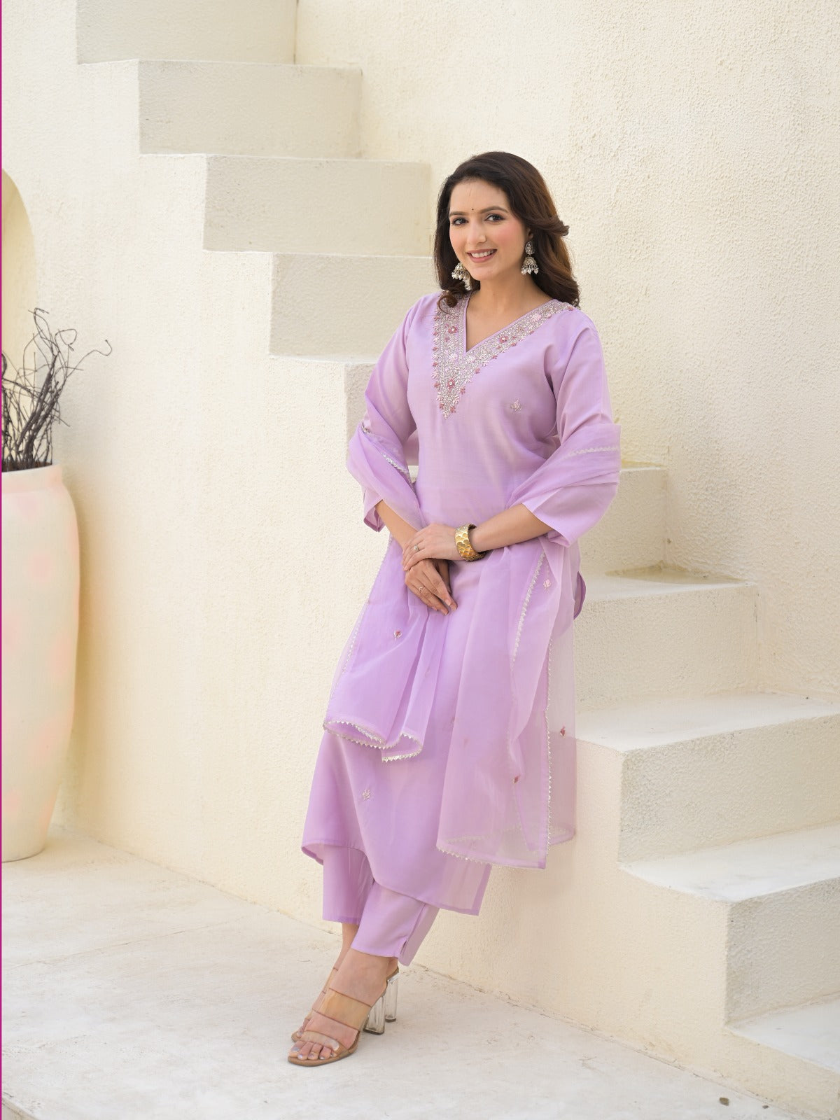 Royal Purple Chanderi Partywear 3-Piece Suit with Dupatta
