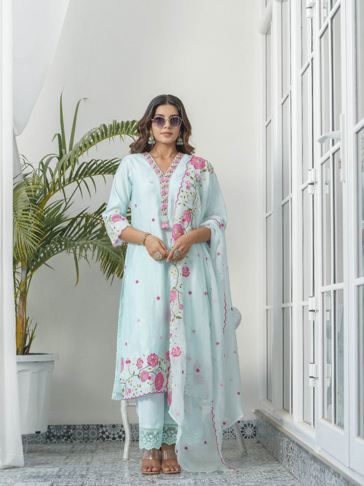 Elegant Sky Blue Party Wear Silk 3-Piece Suit