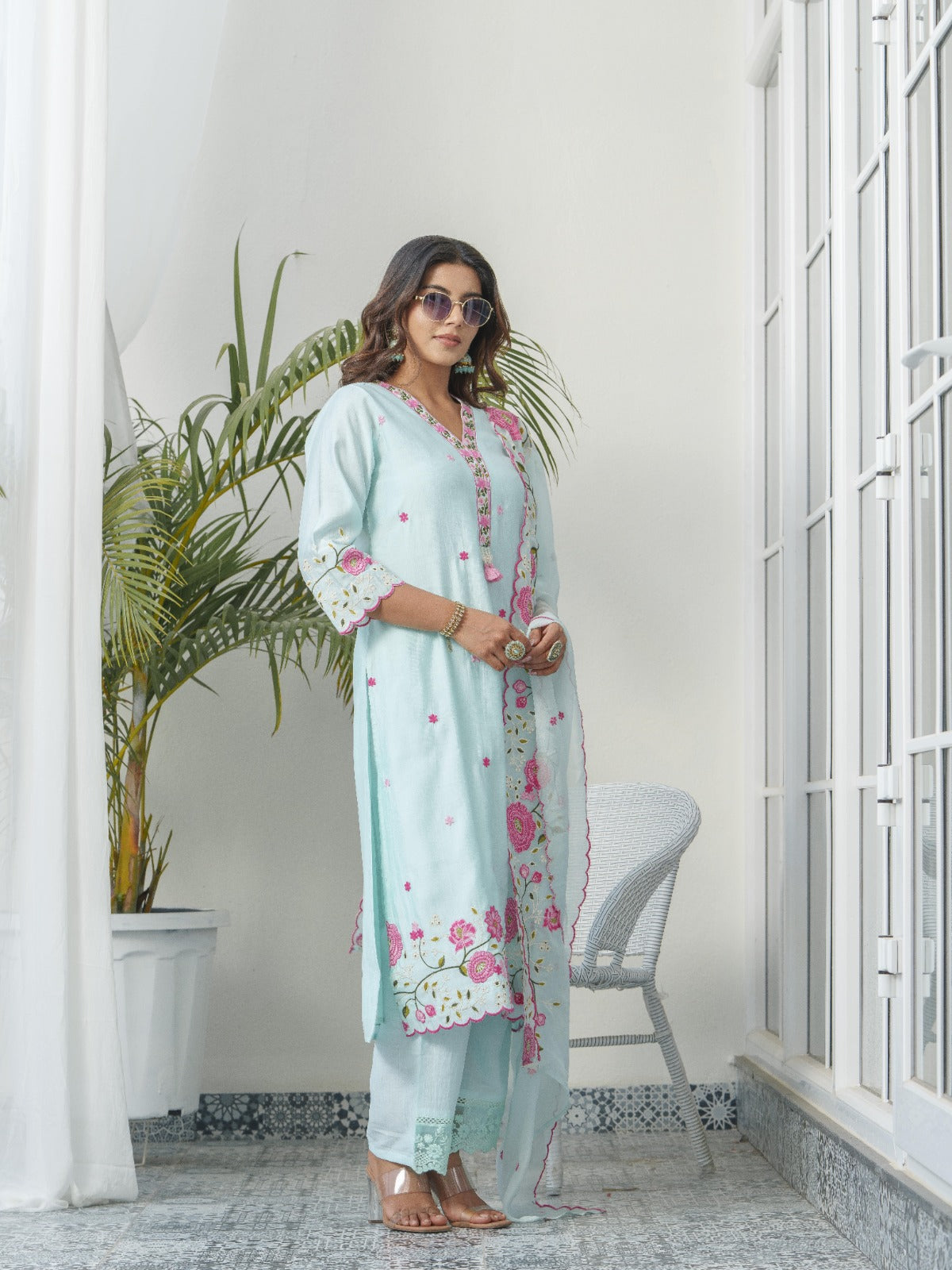 Elegant Sky Blue Party Wear Silk 3-Piece Suit