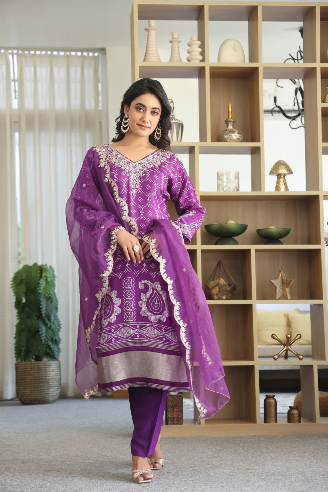 Royal Purple Party Wear 3-Piece Gaji Silk Suit Set with Dupatta