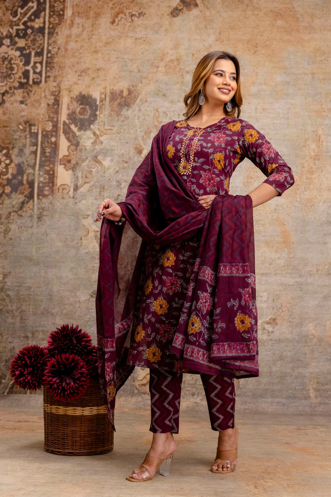 Classic Mehroon Cotton 3-Piece Pant Set with Dupatta