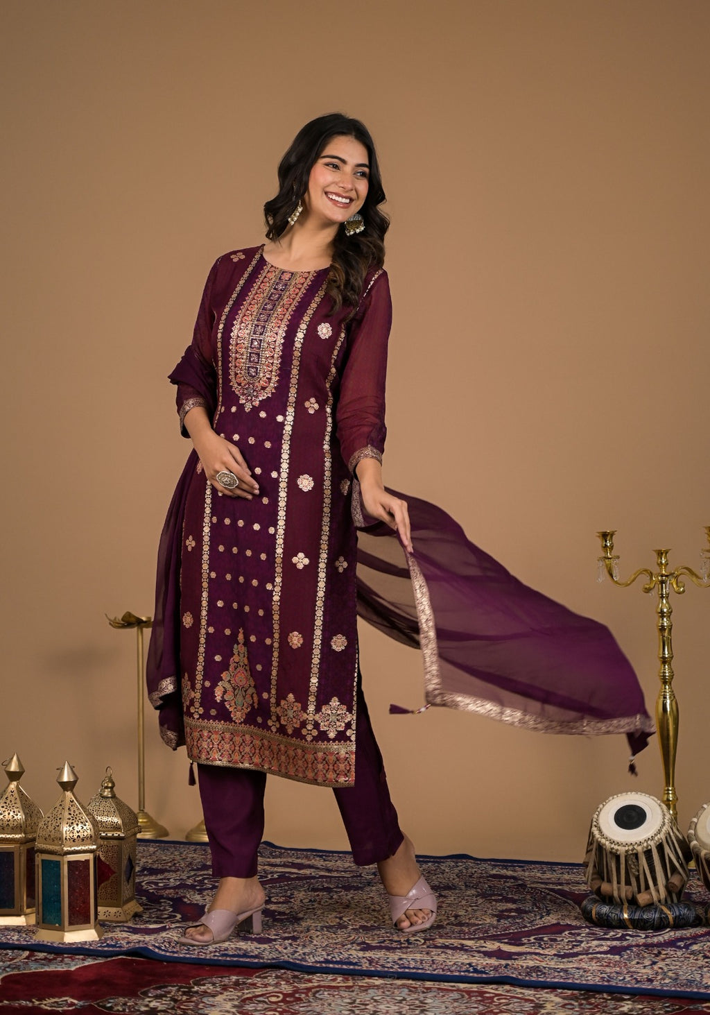 Graceful Maroon Organza Jacquard Party Wear 3-Piece Set with Dupatta