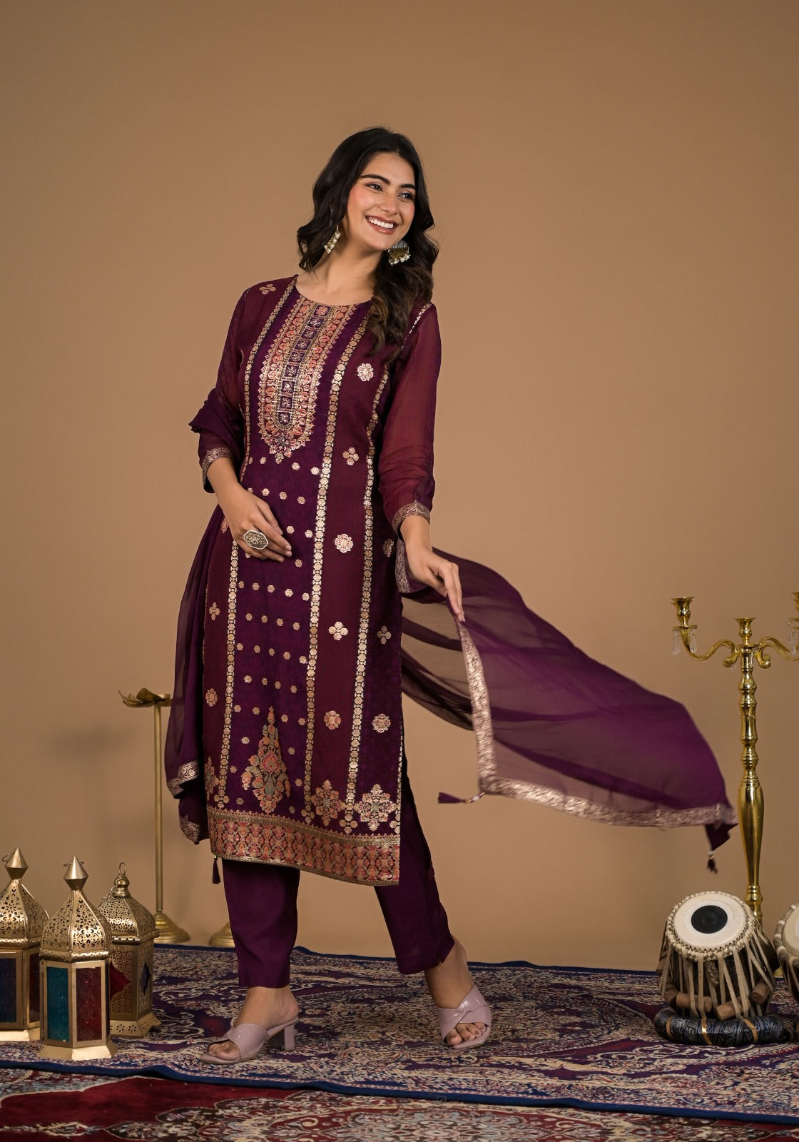 Graceful Maroon Organza Jacquard Party Wear 3-Piece Set with Dupatta