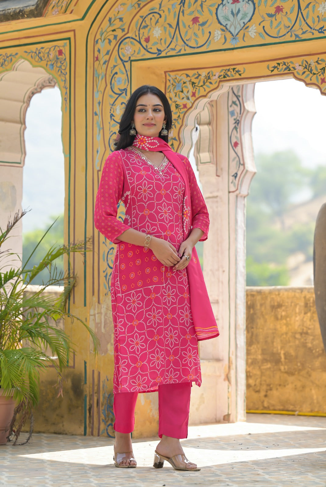 Chic Pink Crepe 3-Piece Pant Set with Dupatta