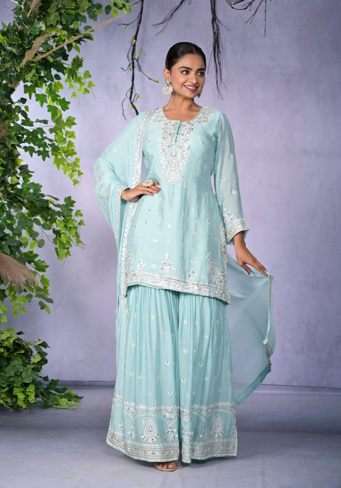 Stylish Chinon Fancy Premium Sharara Divider Set with Dupatta