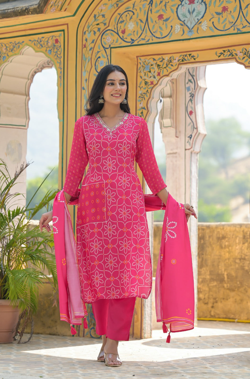 Chic Pink Crepe 3-Piece Pant Set with Dupatta