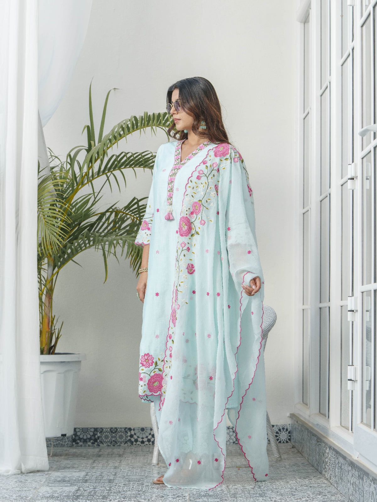 Elegant Sky Blue Party Wear Silk 3-Piece Suit