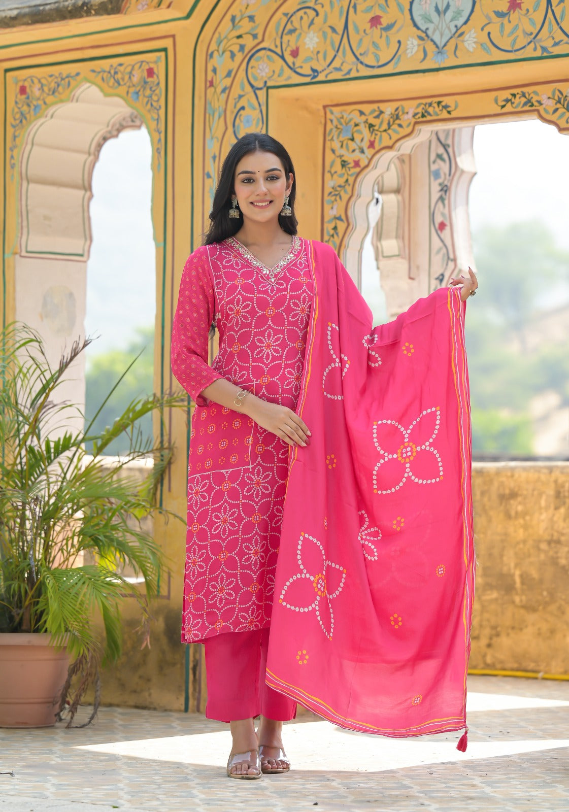 Chic Pink Crepe 3-Piece Pant Set with Dupatta