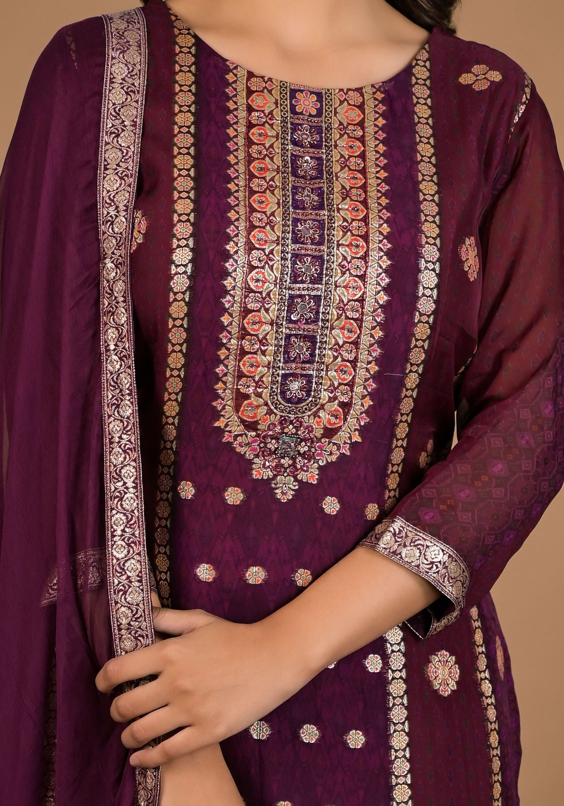 Graceful Maroon Organza Jacquard Party Wear 3-Piece Set with Dupatta