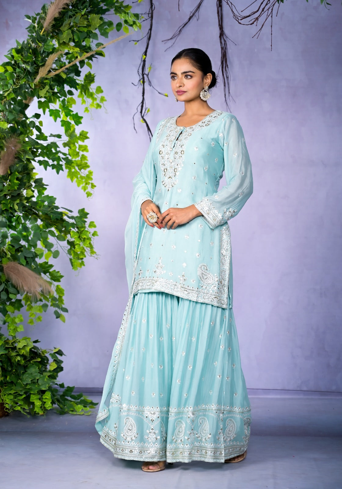 Stylish Chinon Fancy Premium Sharara Divider Set with Dupatta