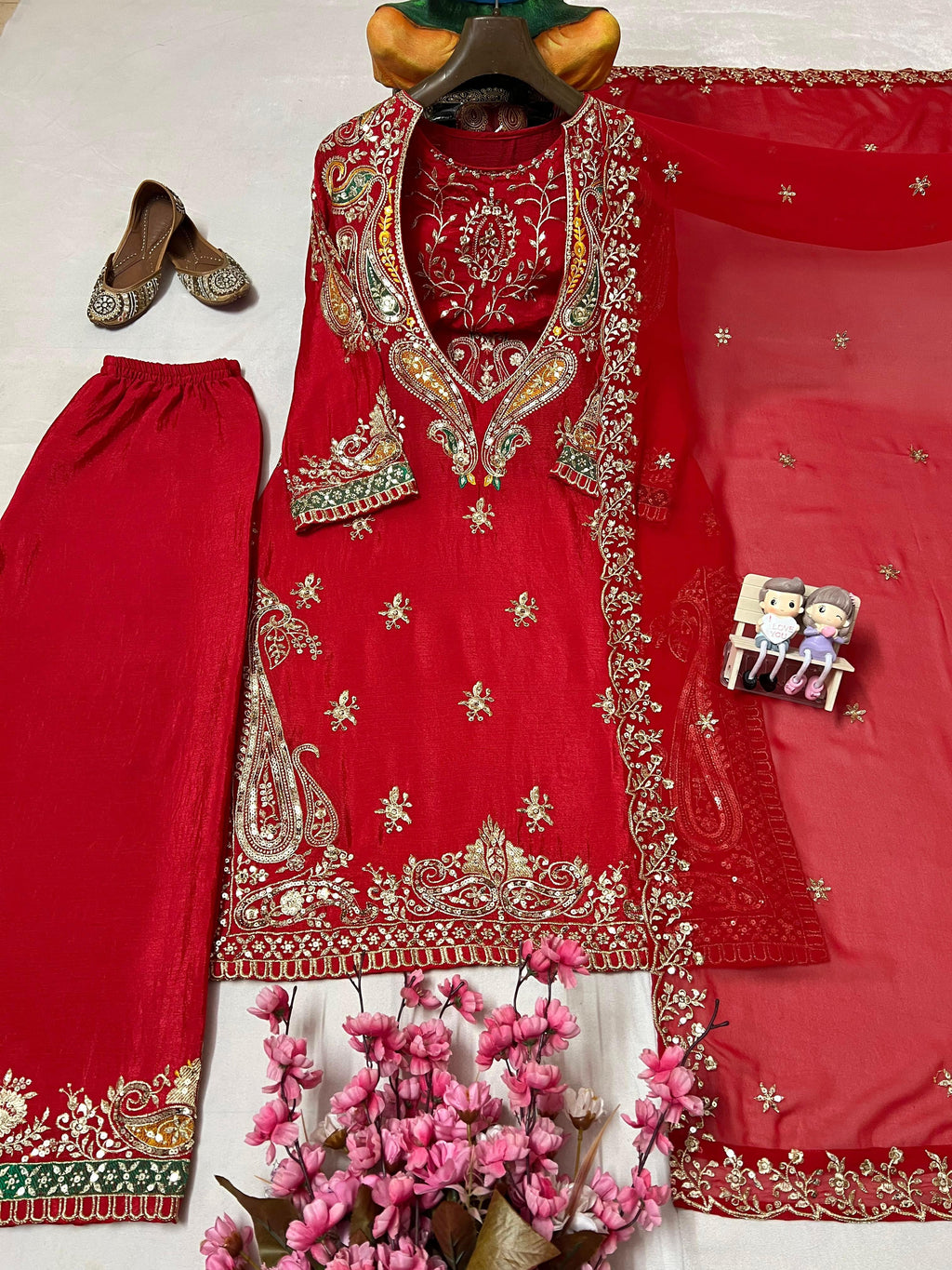 Premium Chinon Embroidered Kurti, Blouse, Pant & Dupatta Set