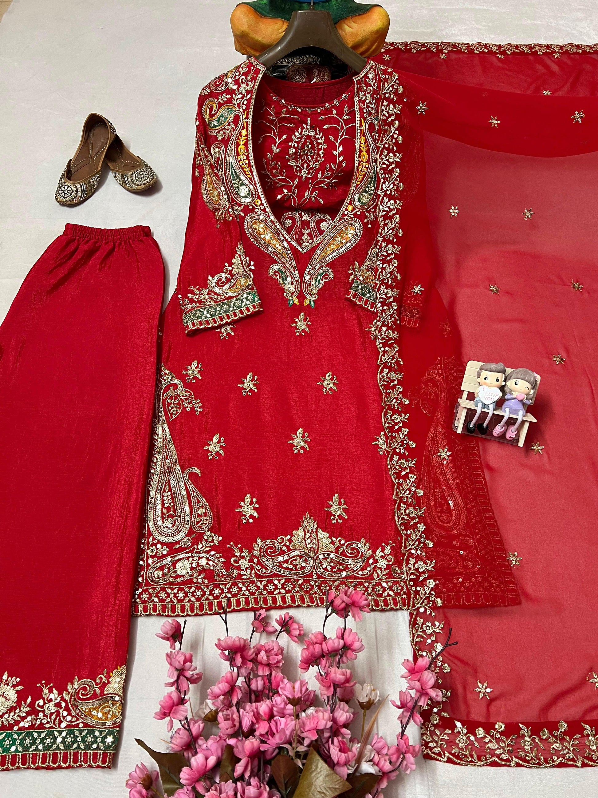 Premium Chinon Embroidered Kurti, Blouse, Pant & Dupatta Set