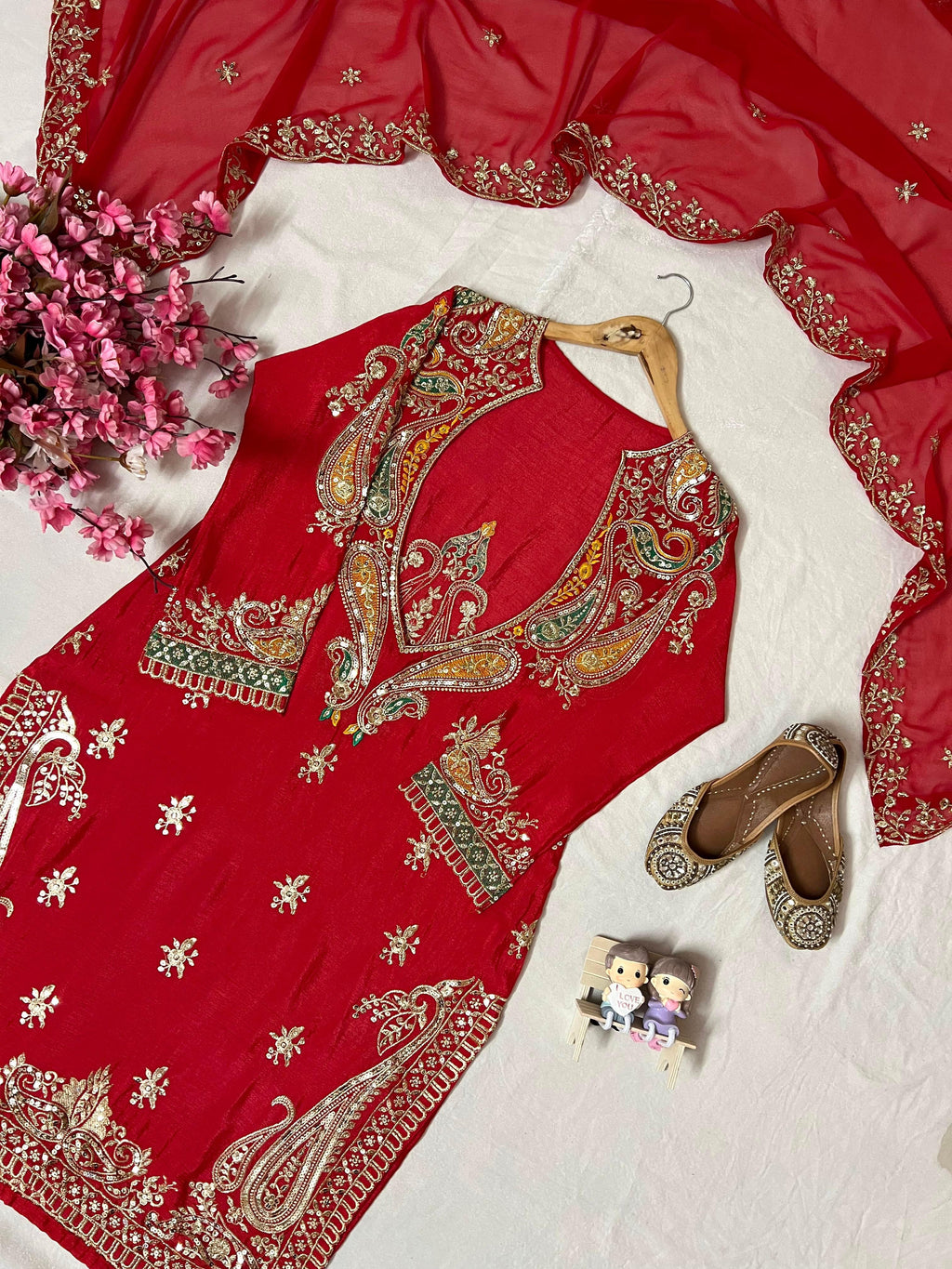 Premium Chinon Embroidered Kurti, Blouse, Pant & Dupatta Set
