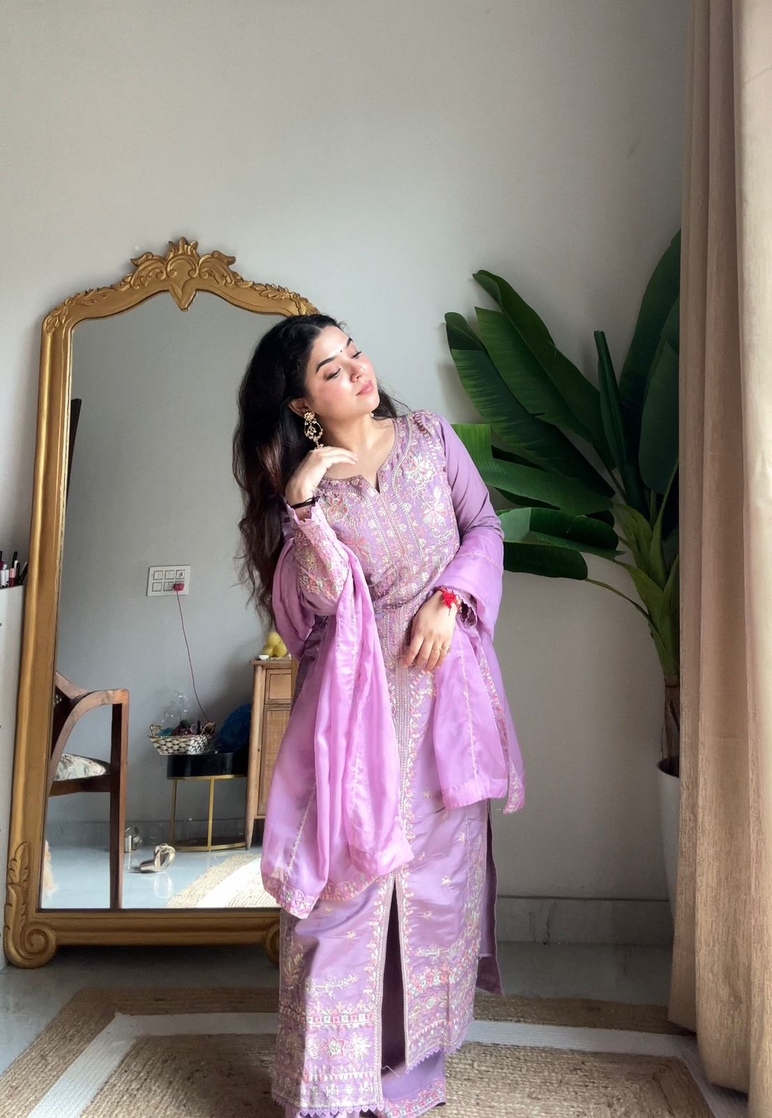 Premium Roman Silk Kurti, Palazzo & Dupatta Set