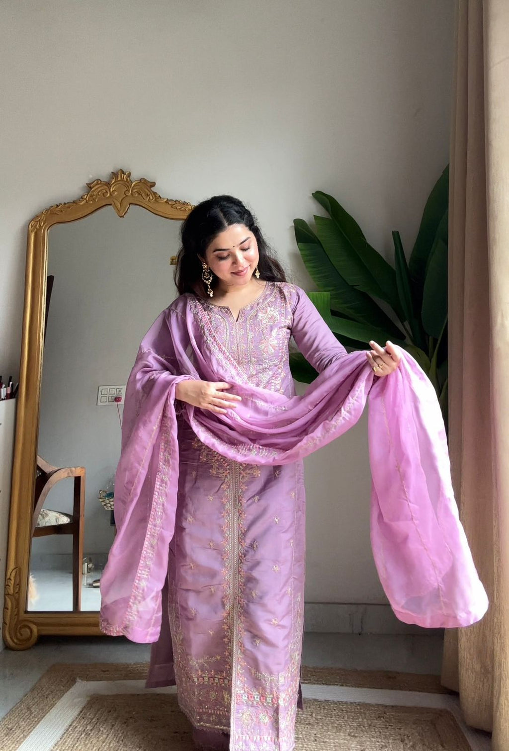 Premium Roman Silk Kurti, Palazzo & Dupatta Set