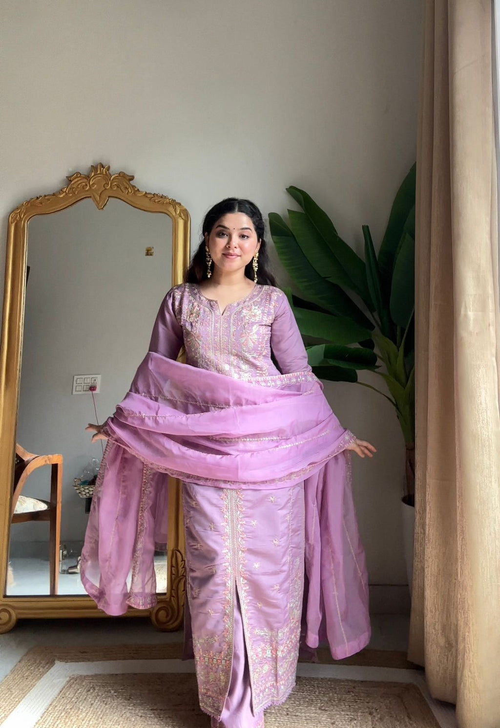 Premium Roman Silk Kurti, Palazzo & Dupatta Set