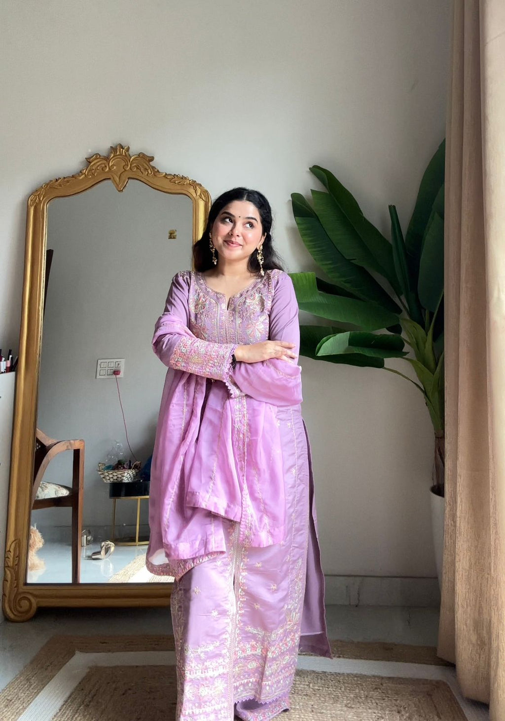 Premium Roman Silk Kurti, Palazzo & Dupatta Set