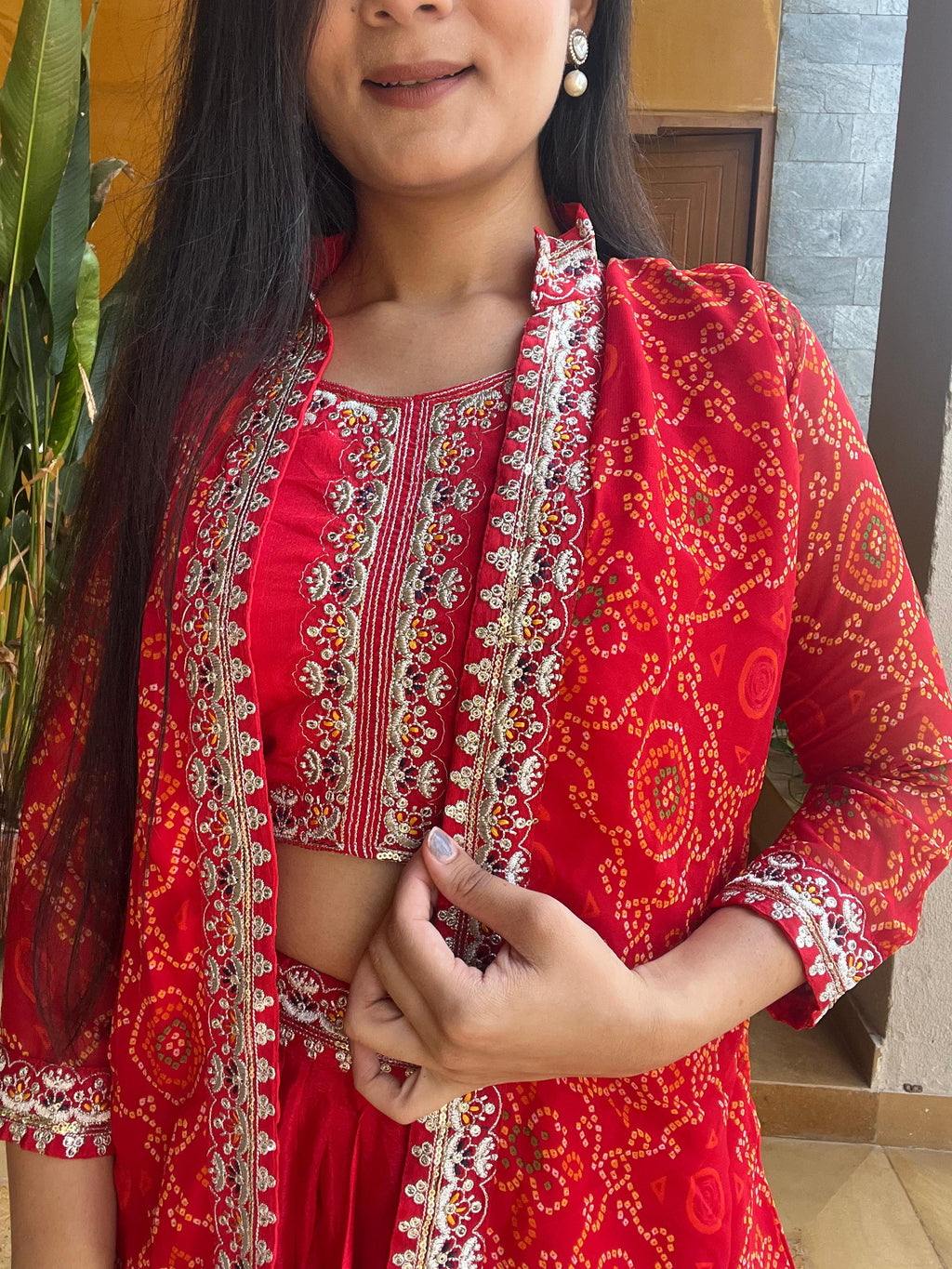 Festival Bandhej Lehenga Choli with Shrug