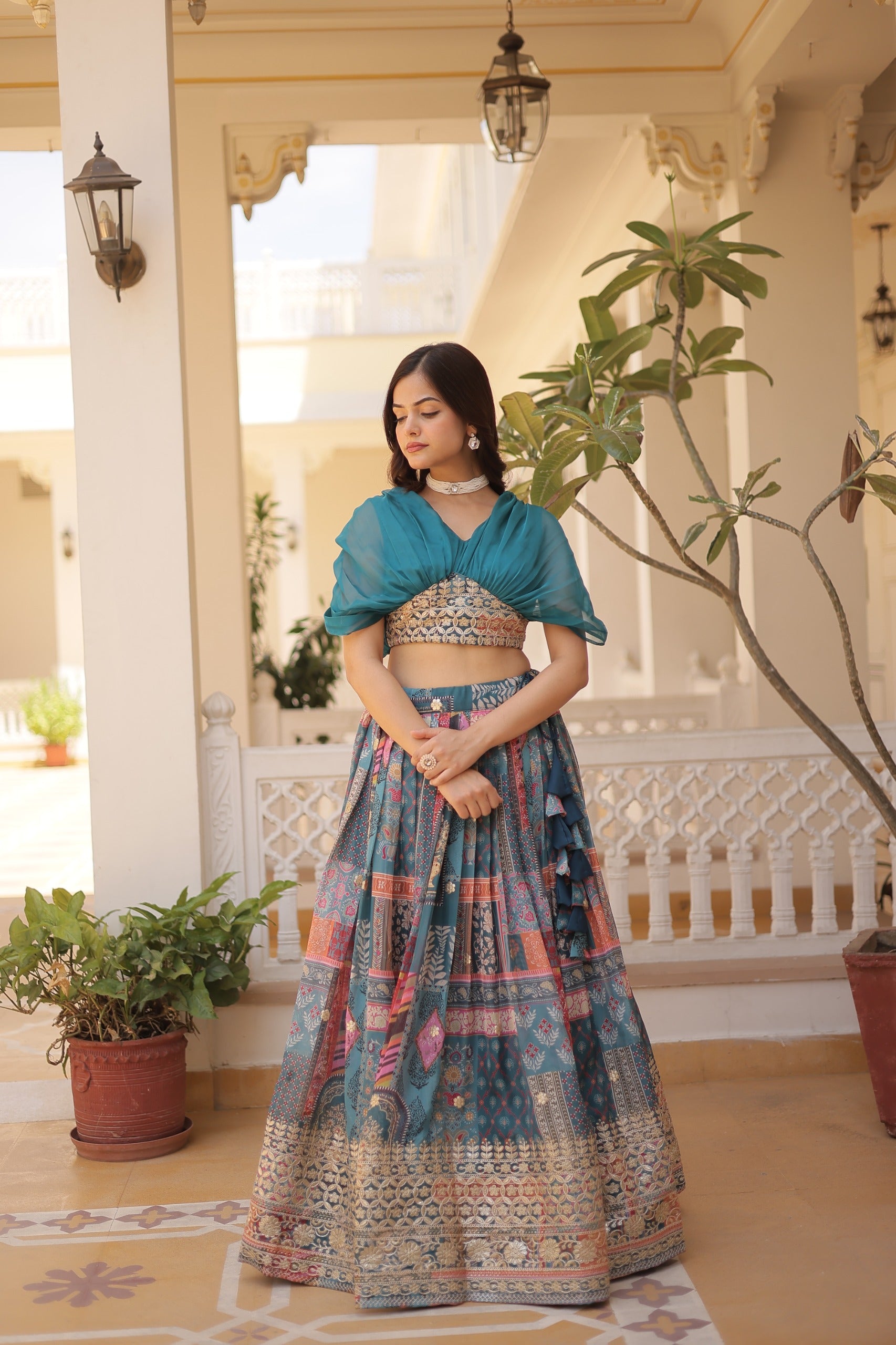 Luxury Russian Silk Digital Printed Lehenga Choli with Foil Embroidery