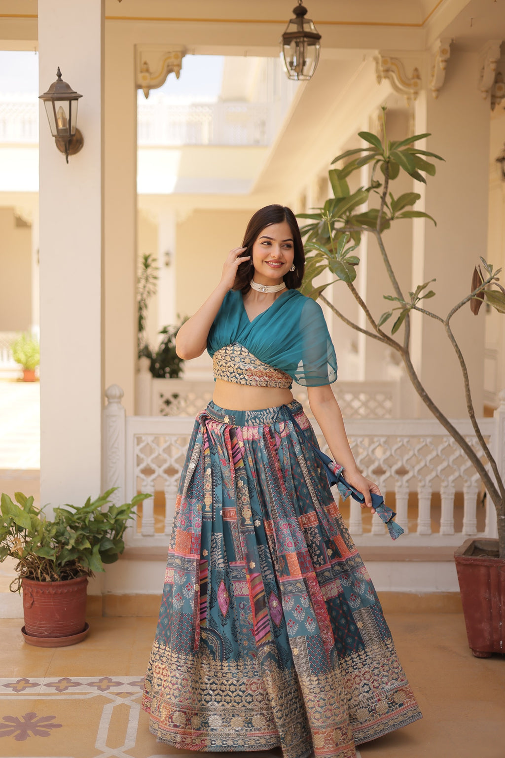 Luxury Russian Silk Digital Printed Lehenga Choli with Foil Embroidery