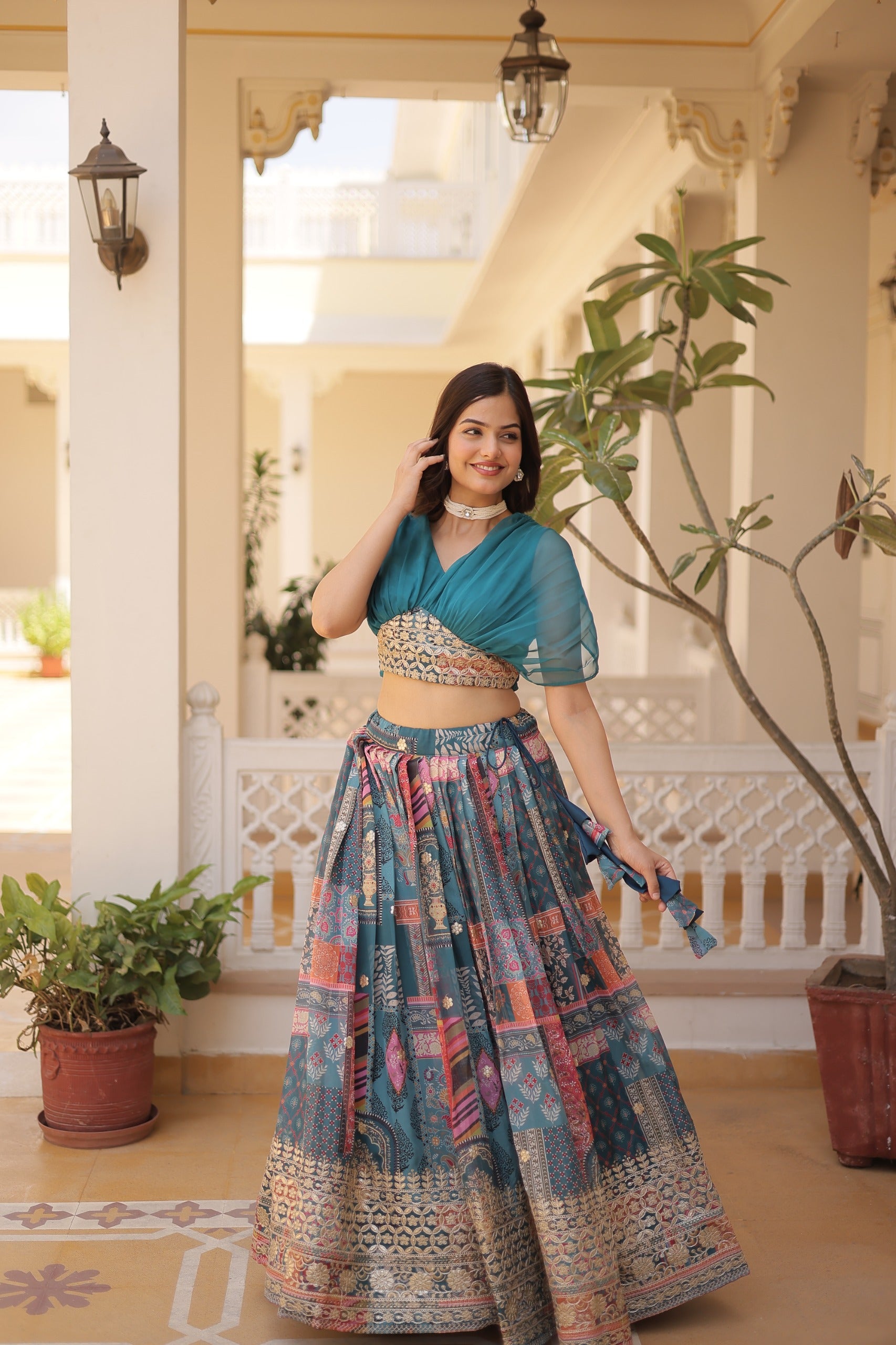 Luxury Russian Silk Digital Printed Lehenga Choli with Foil Embroidery