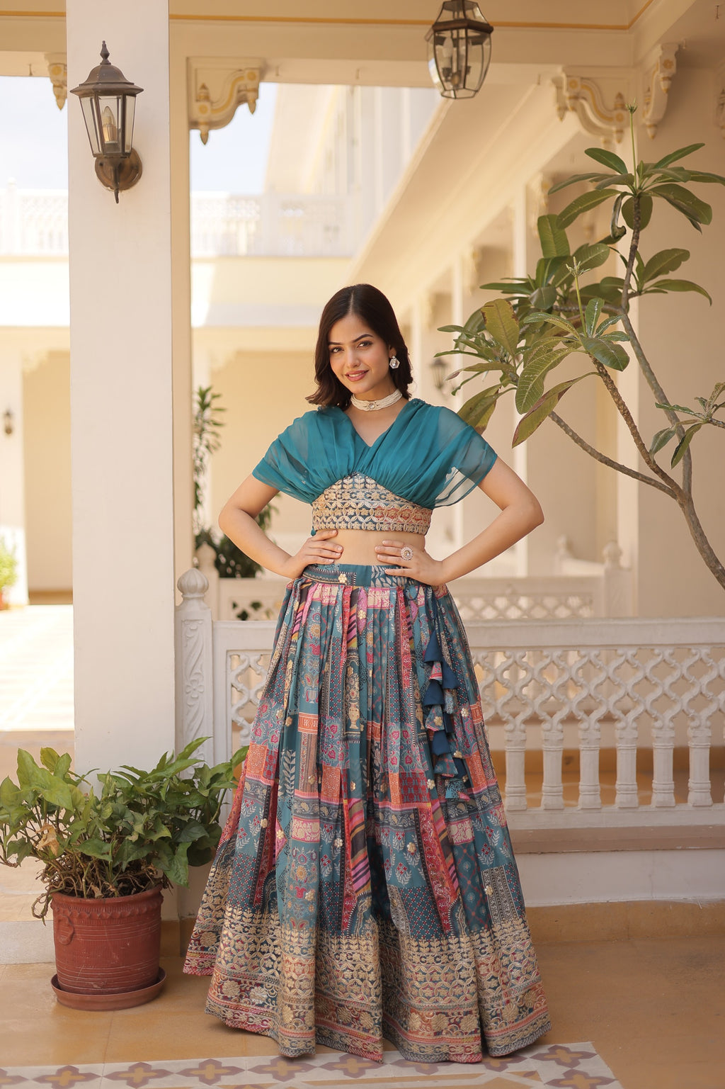 Luxury Russian Silk Digital Printed Lehenga Choli with Foil Embroidery