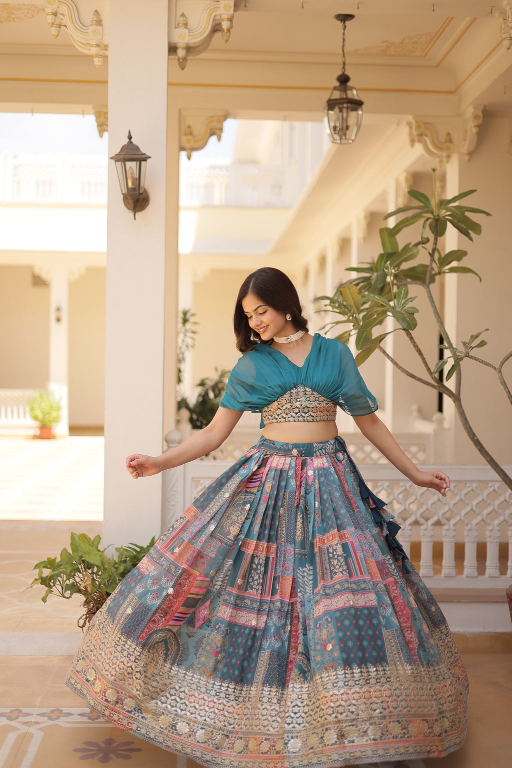 Luxury Russian Silk Digital Printed Lehenga Choli with Foil Embroidery