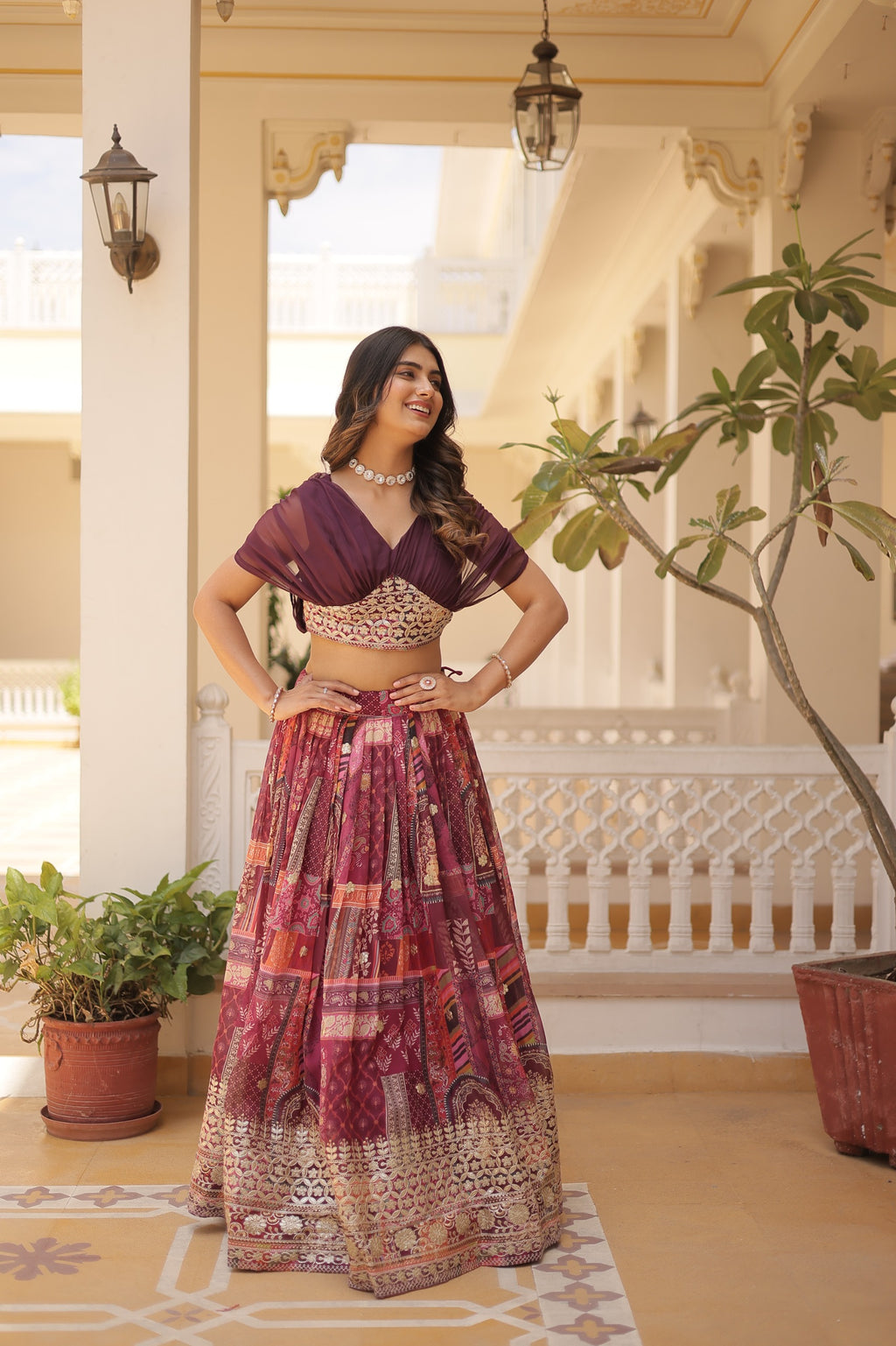 Luxury Russian Silk Digital Printed Lehenga Choli with Foil Embroidery