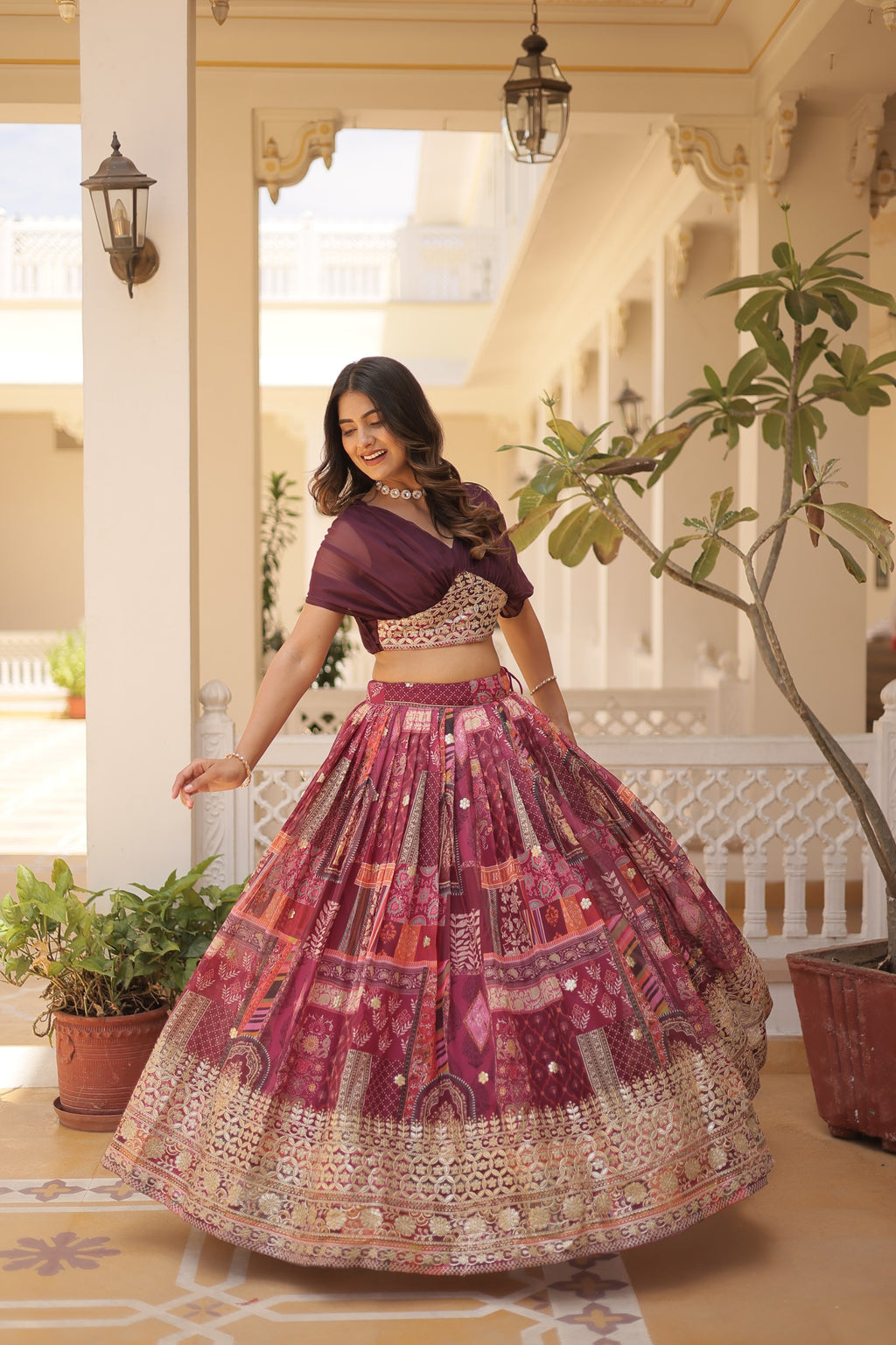 Luxury Russian Silk Digital Printed Lehenga Choli with Foil Embroidery