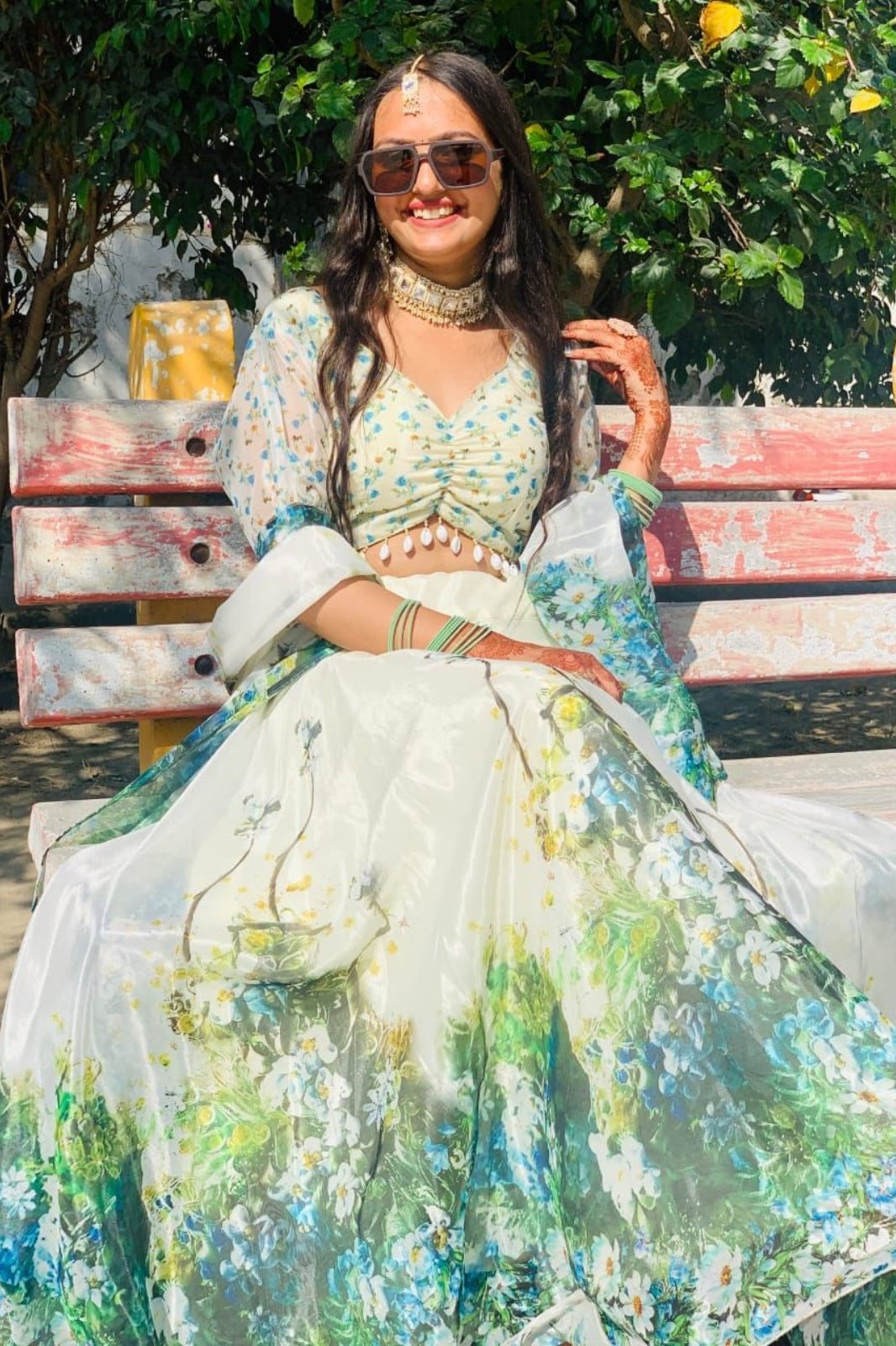 Exclusive Jimmy Organza Silk Digital Print Lehenga with Padded Blouse & Lace Dupatta