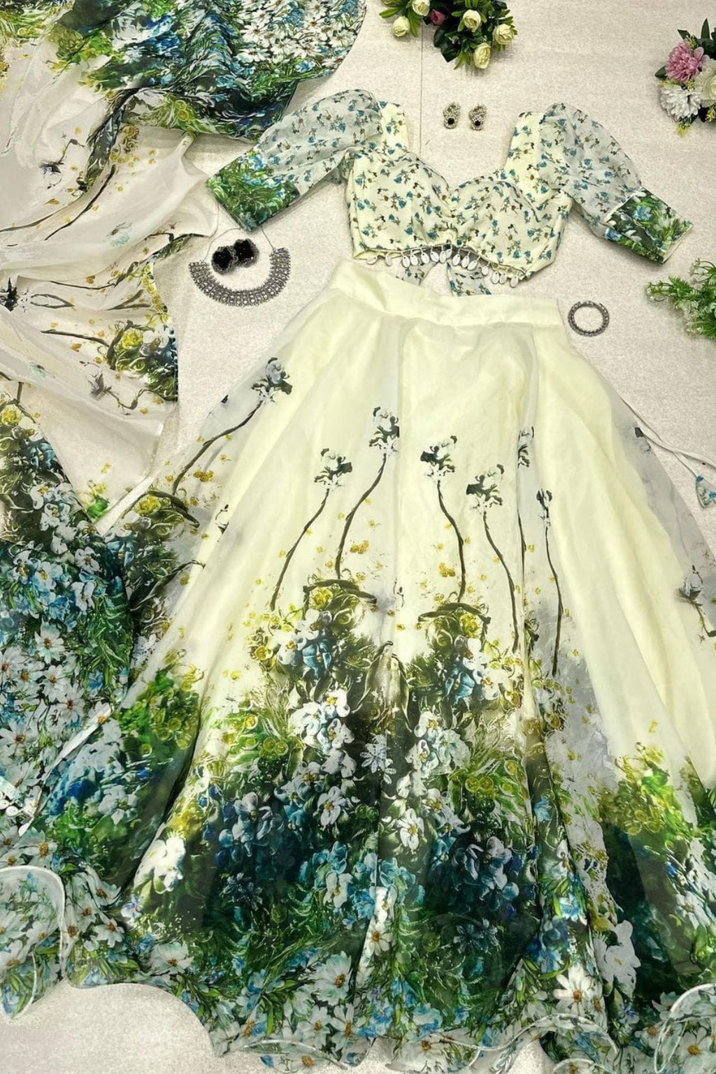 Exclusive Jimmy Organza Silk Digital Print Lehenga with Padded Blouse & Lace Dupatta