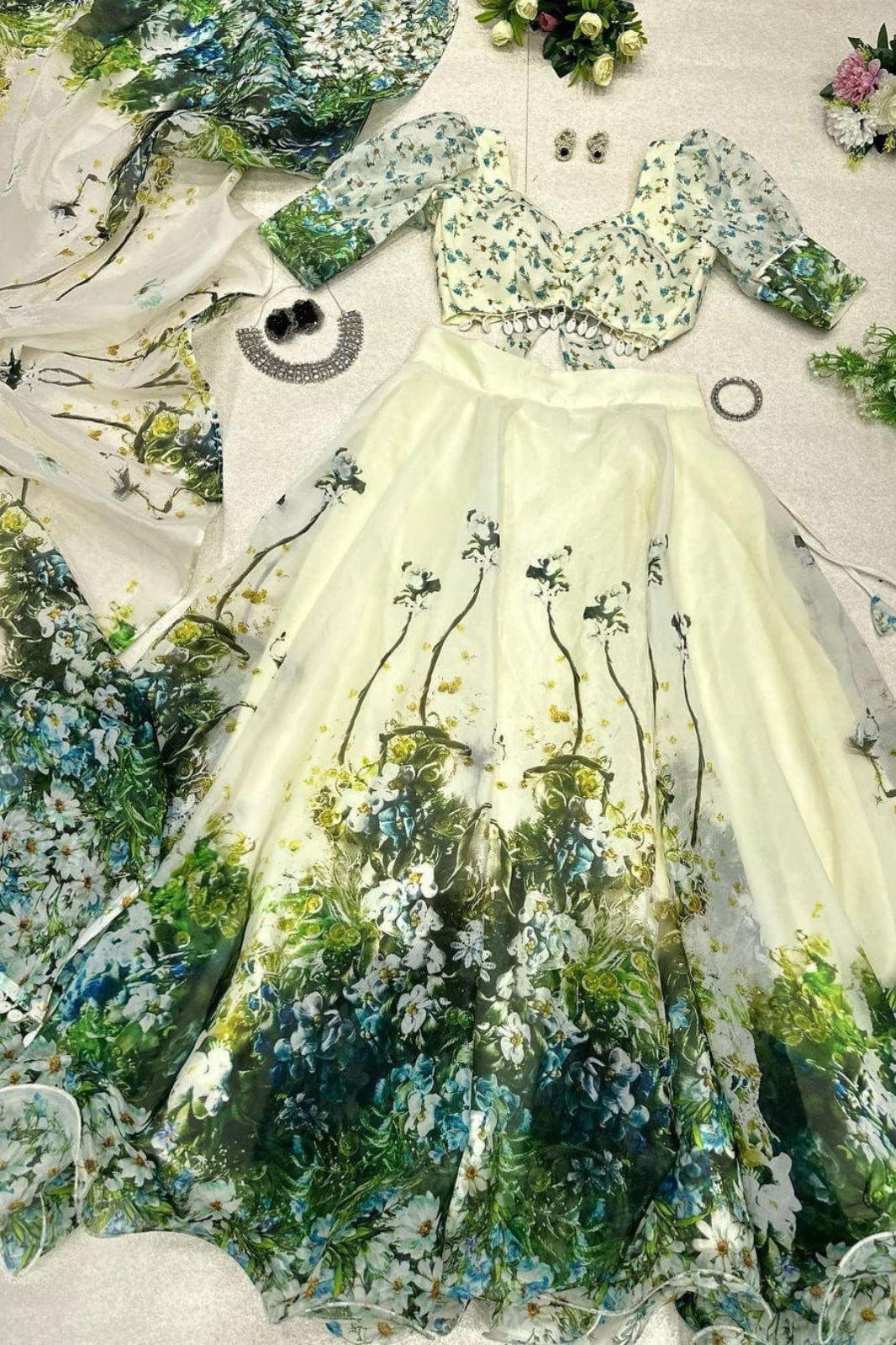 Exclusive Jimmy Organza Silk Digital Print Lehenga with Padded Blouse & Lace Dupatta