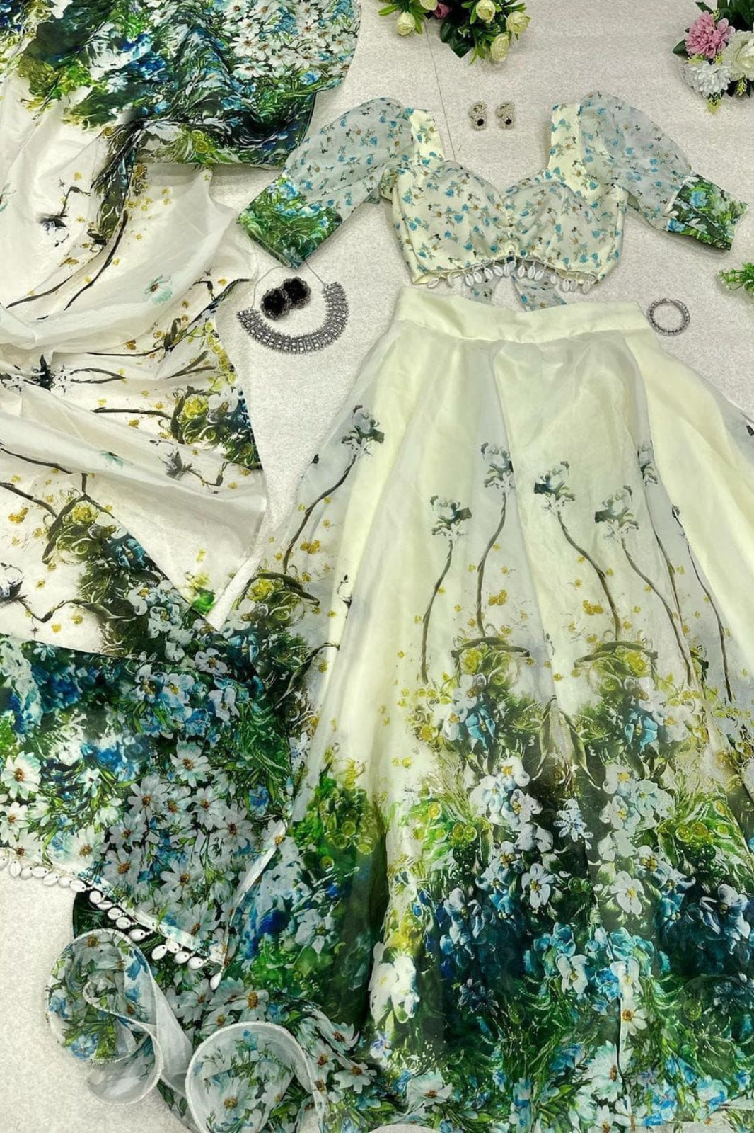 Exclusive Jimmy Organza Silk Digital Print Lehenga with Padded Blouse & Lace Dupatta