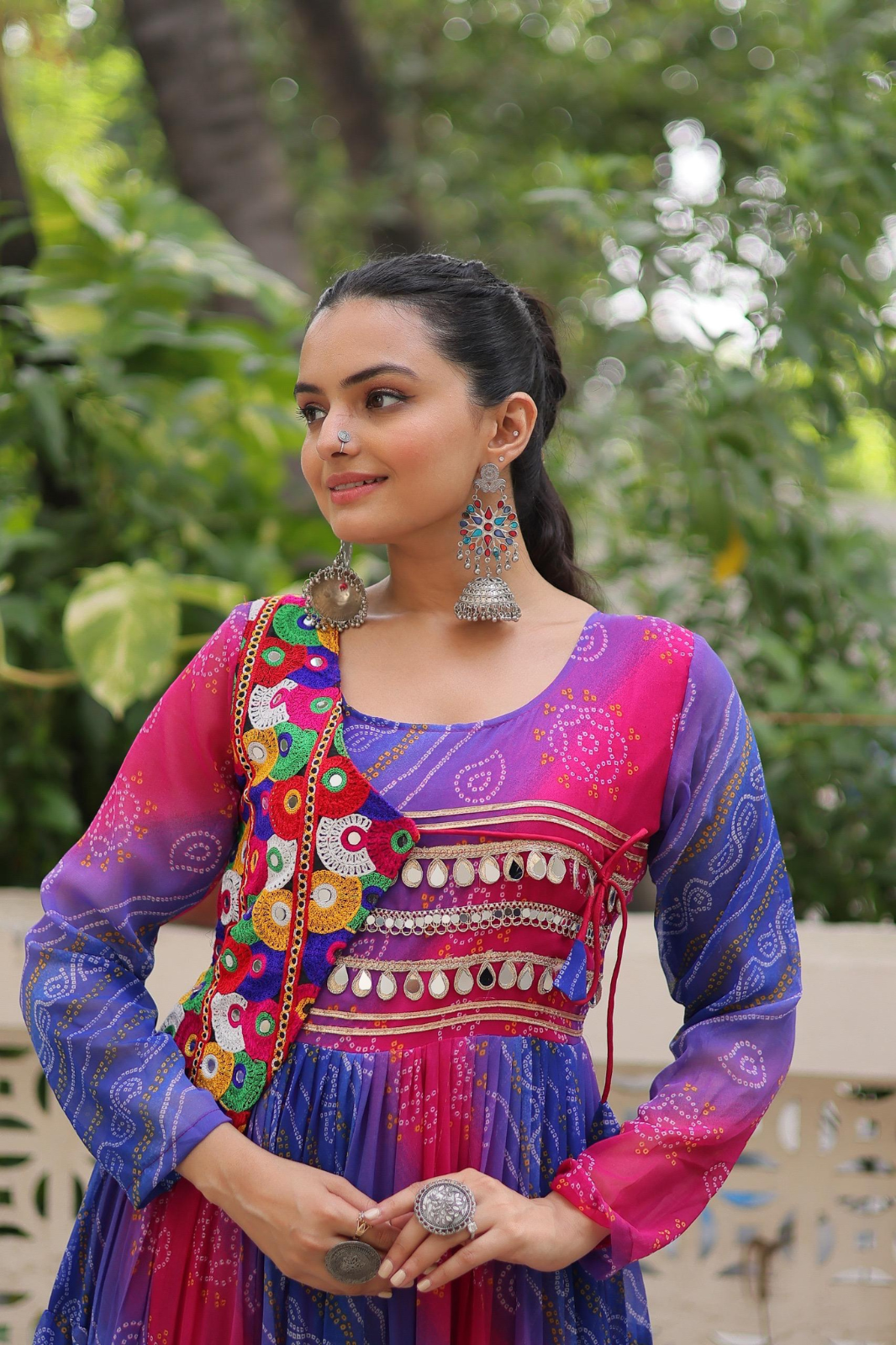 Navratri Special Laheriya Bandhej Kutchi Work Georgette Gown